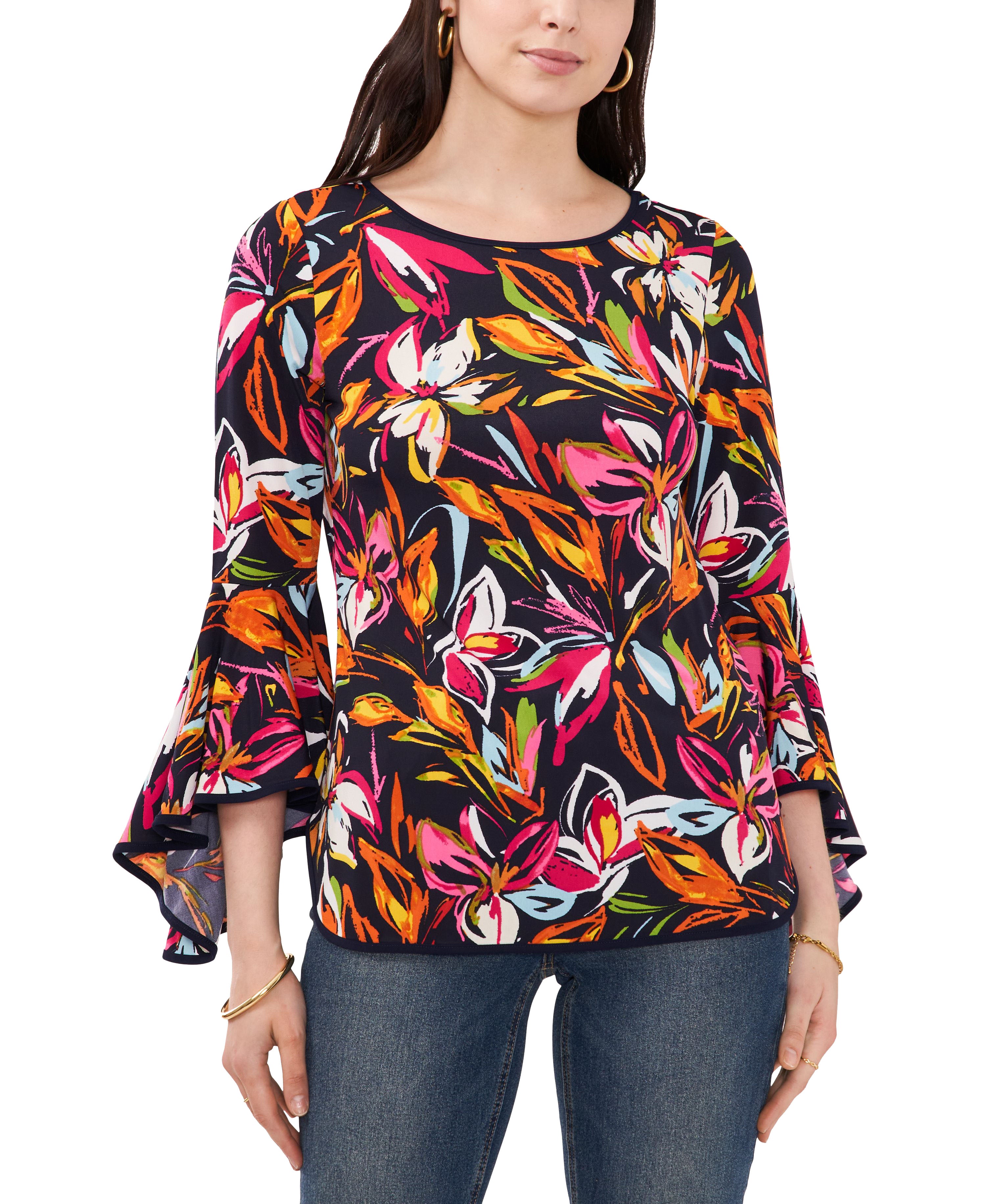 Petite Floral-Print Bell-Sleeve Piped Top Multi Floral PM
