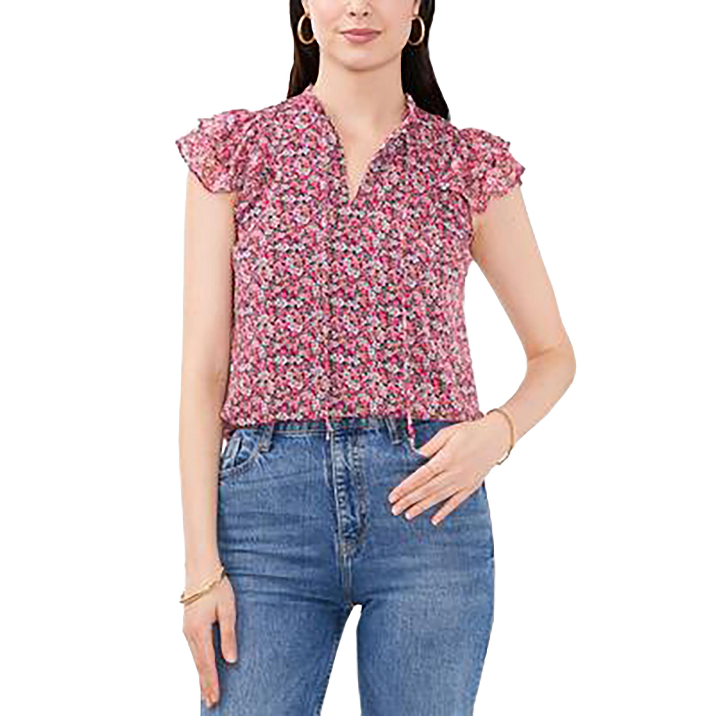Petite Floral-Print Flutter-Sleeve Tie-Neck Blouse