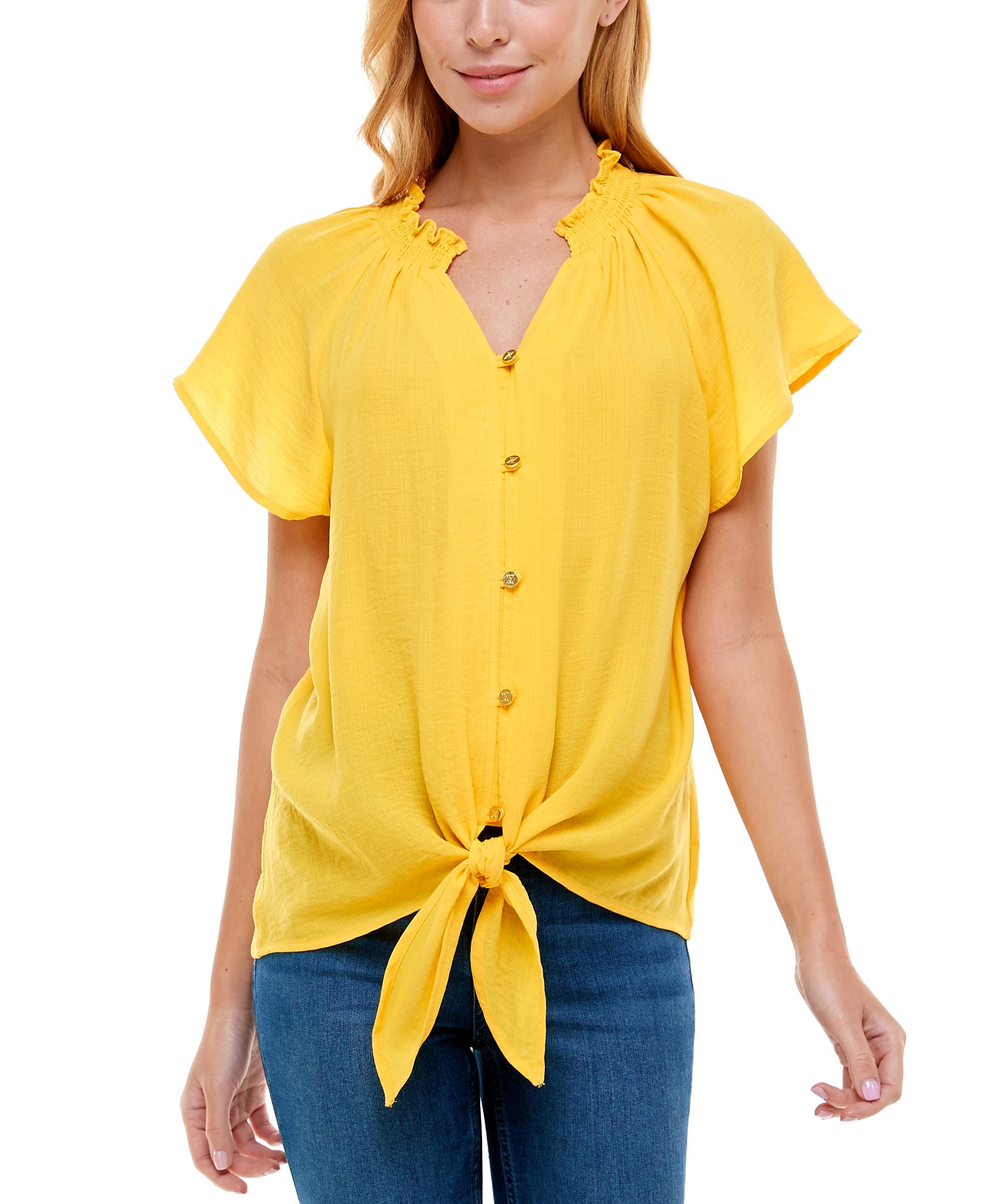 Womens Smocked Neck Tie Front Blouse