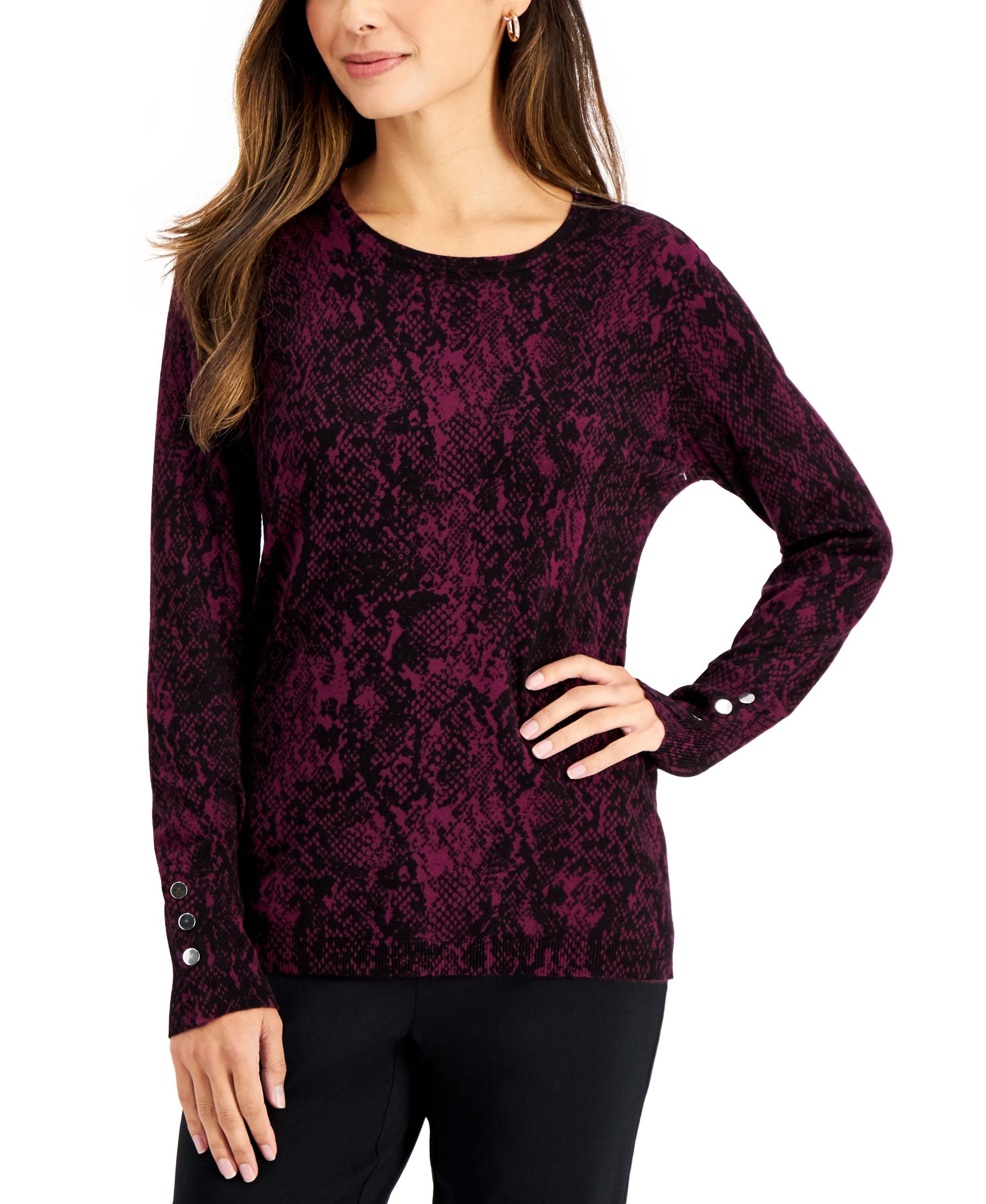 JM Collection Printed Buttoned Cuff Sweater