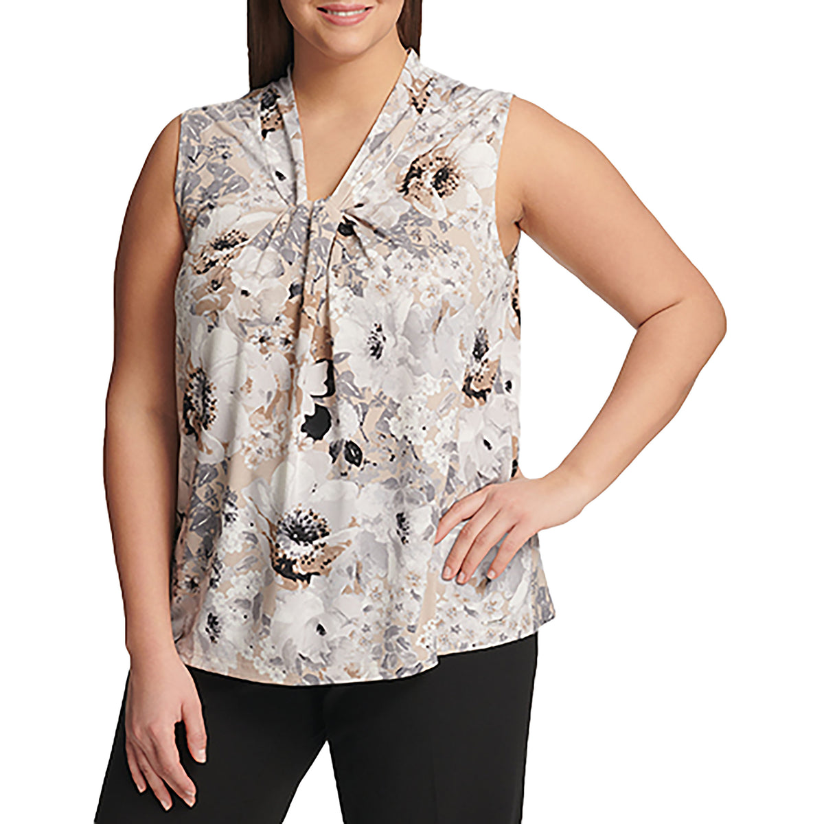 Plus Size Calvin Klein Sleeveless Floral Knot Neck Blouse Tin/Multi 2X