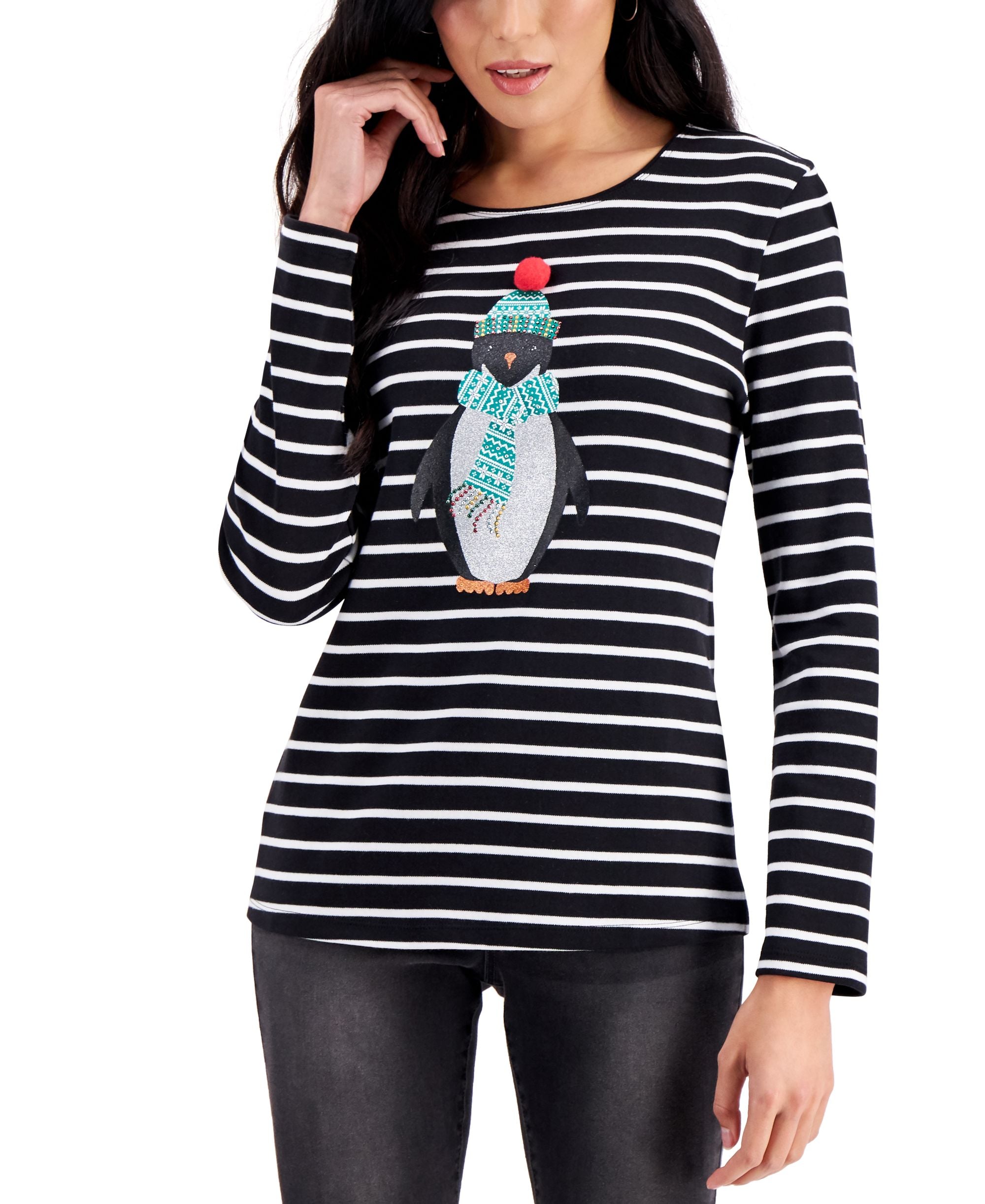 Karen Scott Jolly Pengiun Graphic Striped Top