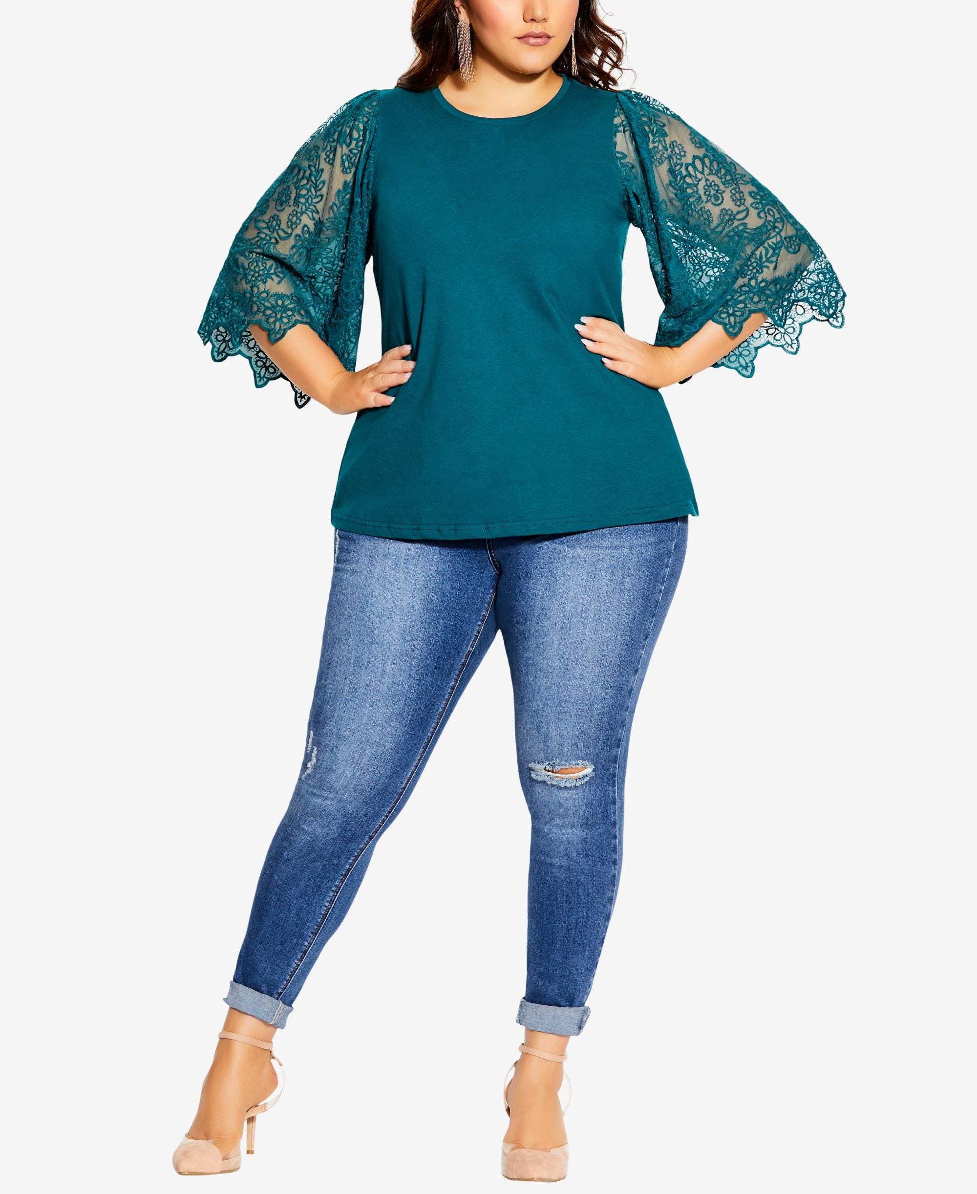 City Chic Plus Size Embroidered Sheer Sleeve Angel Top