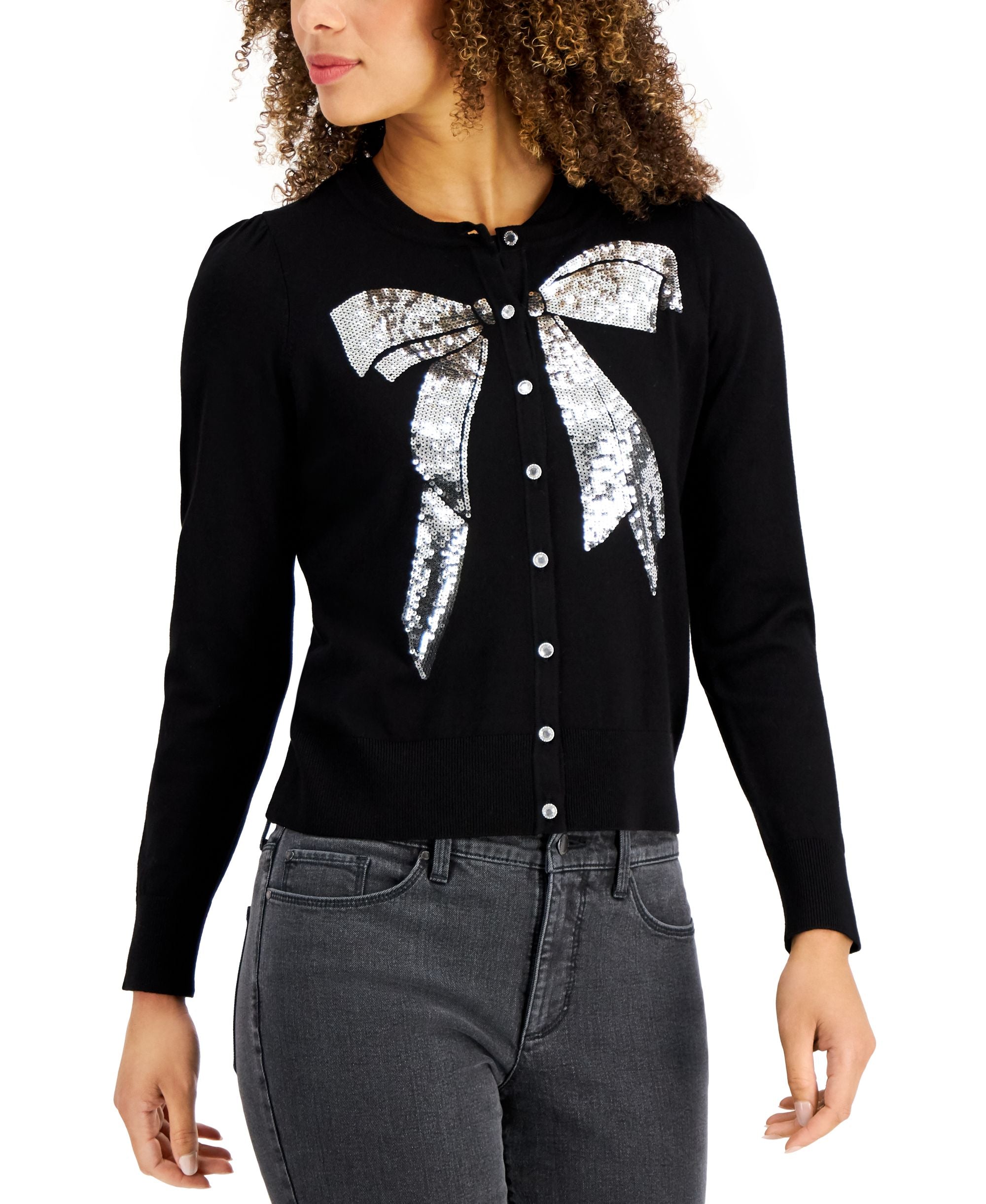 Charter Club Sequined Bow Button Cardigan