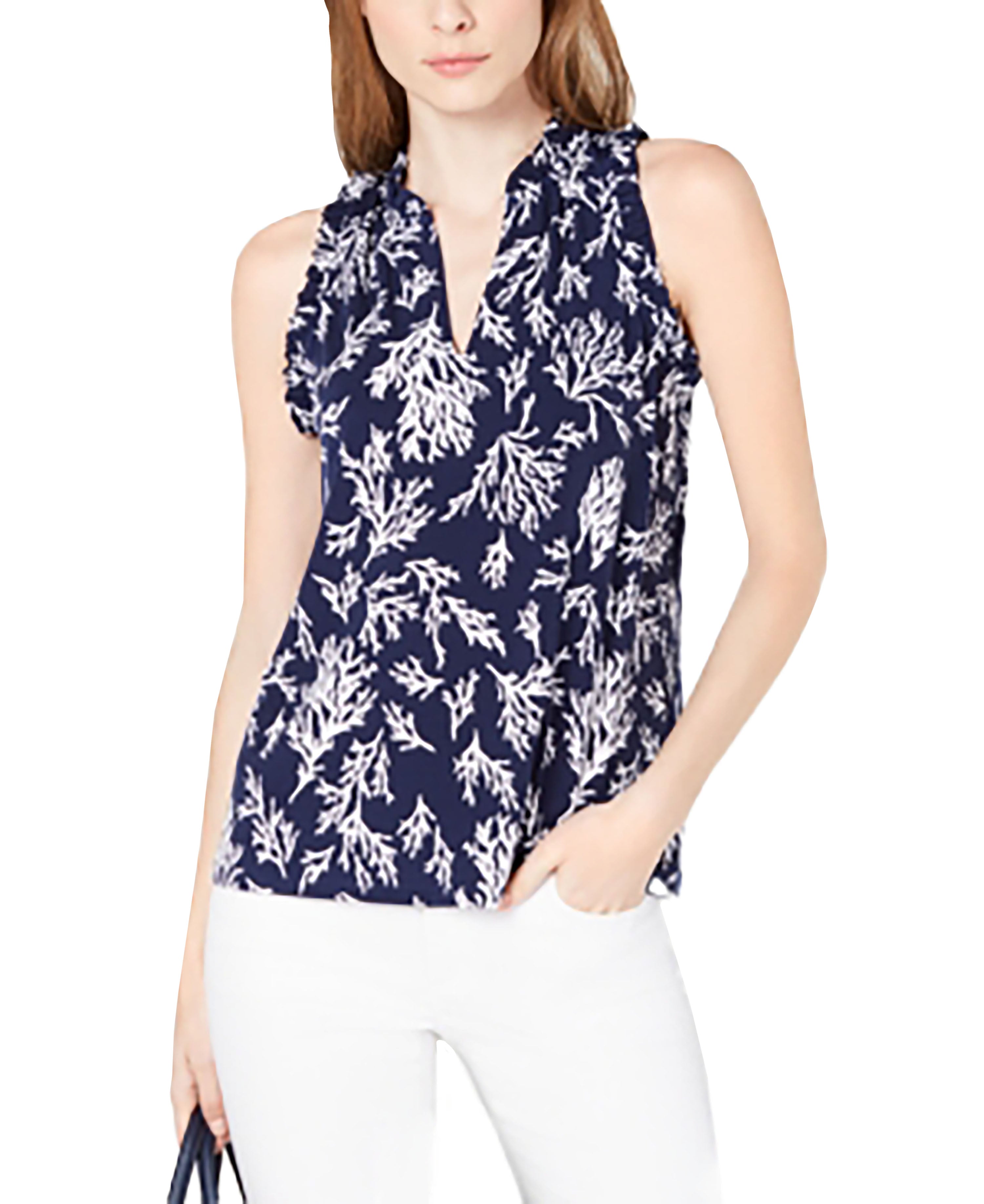 Michael Kors Womens Top Ruffled Printed Top True Navy XL
