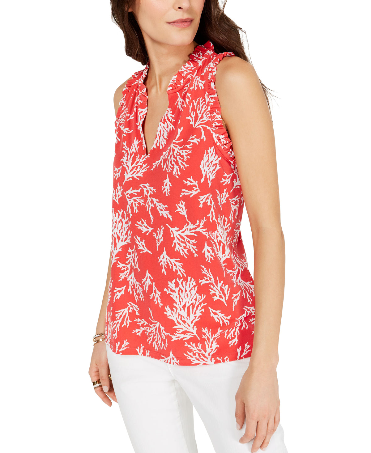 Michael Kors Womens Coral Printed Sleeveless V Neck Top XL