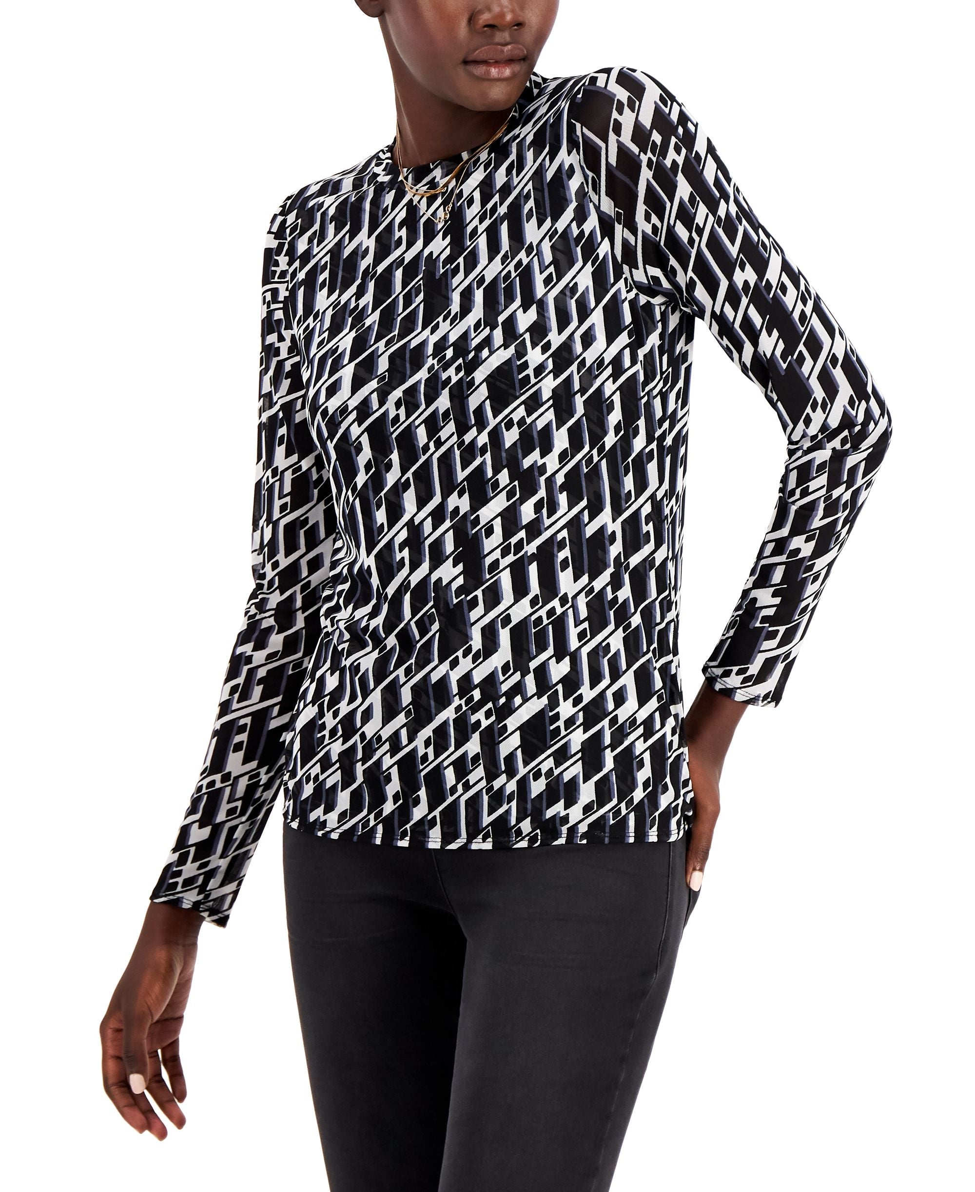 INC International Concepts Geo Print Mesh Crewneck Top