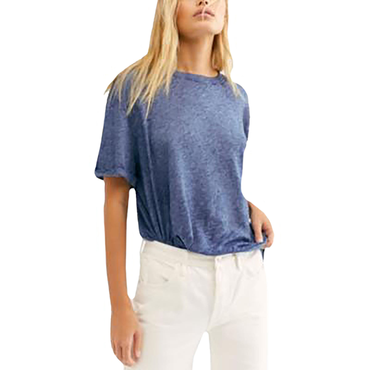 Free People Womens Short Sleeve Scoop Neck T-Shirt Top Navy Heather L