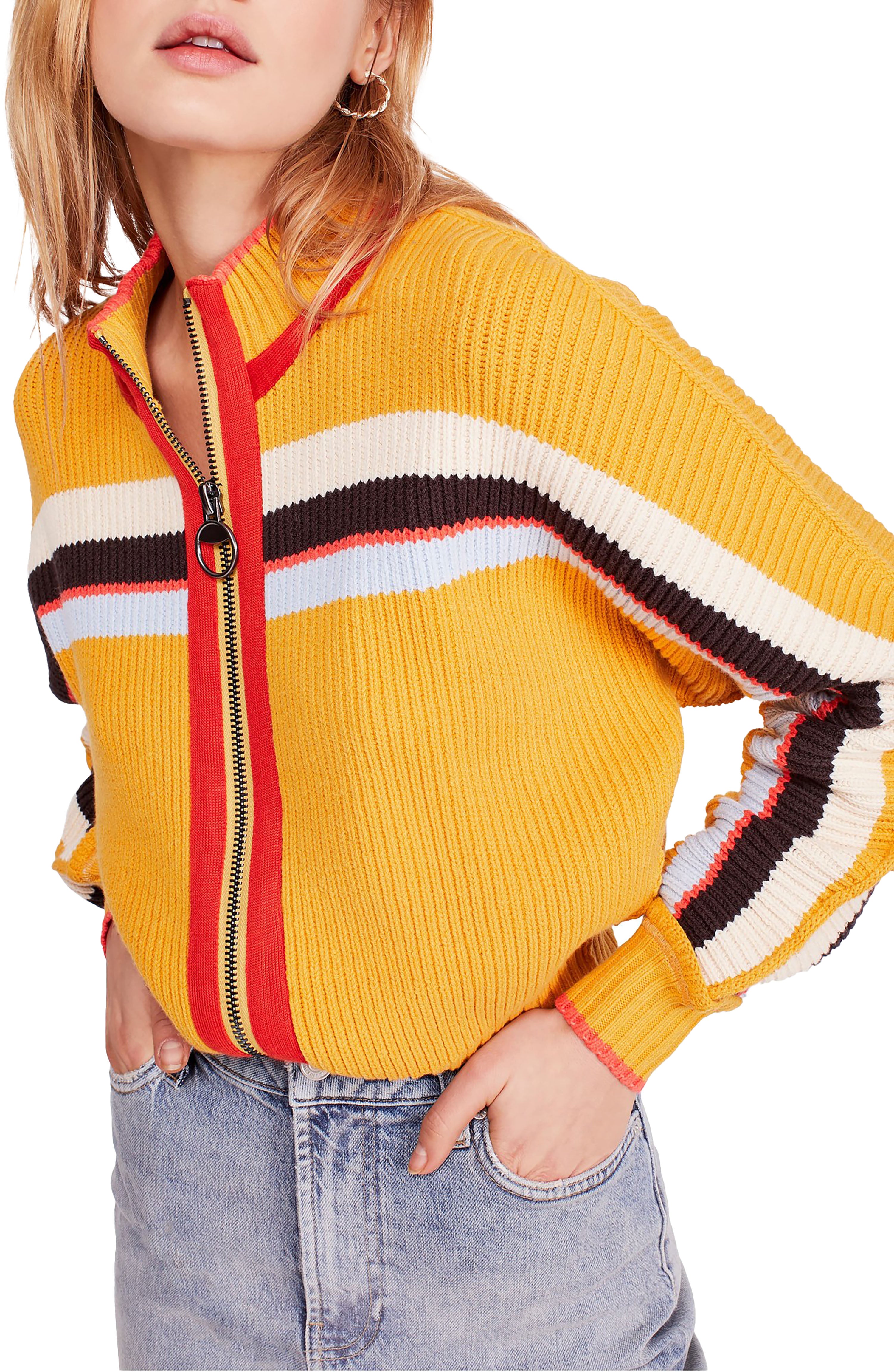 Free People Womens Ready Set Go Boho Striped Full Zip Sweater Gold L