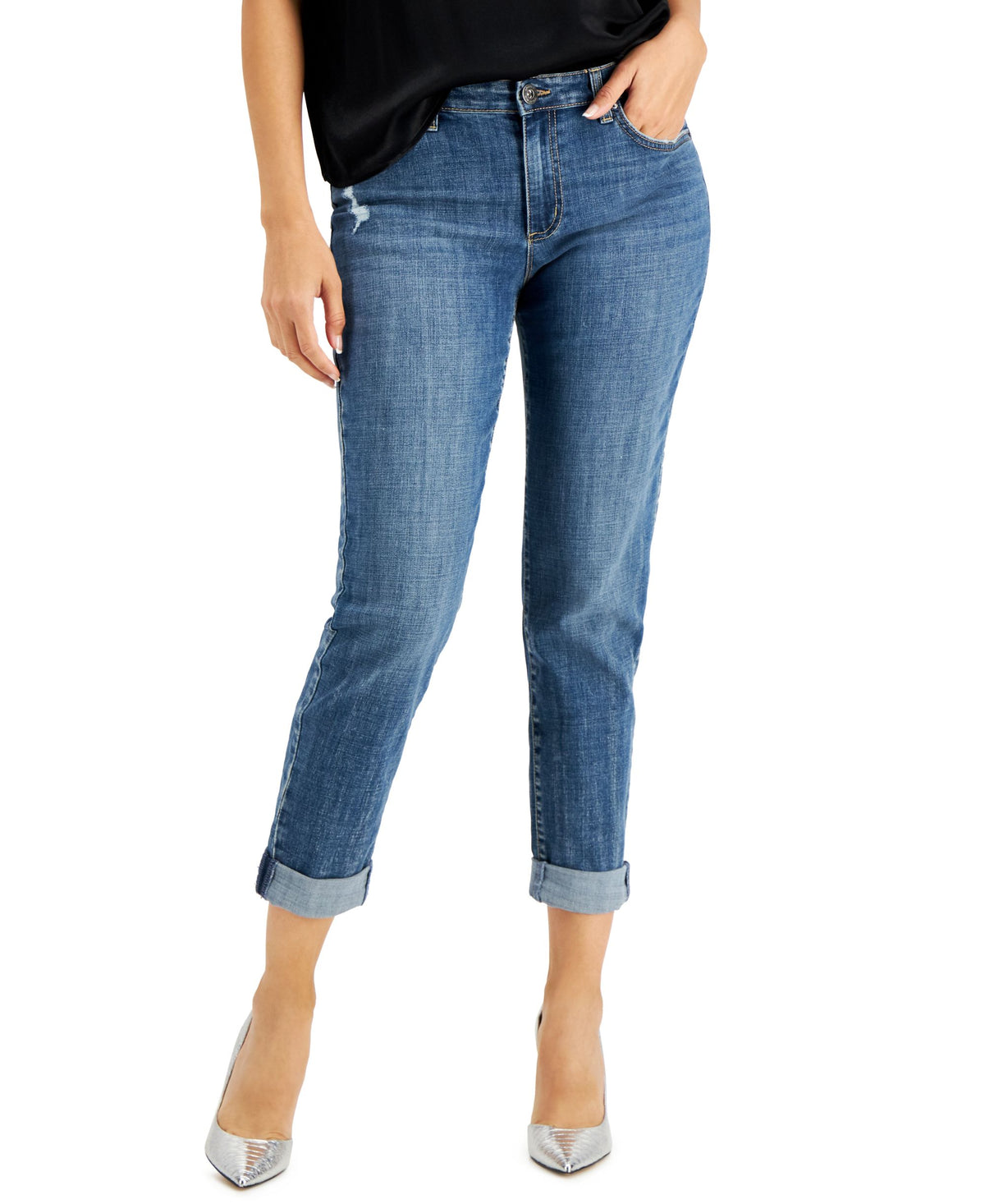 Women's Mid Rise Ripped Straight-Leg Jeans