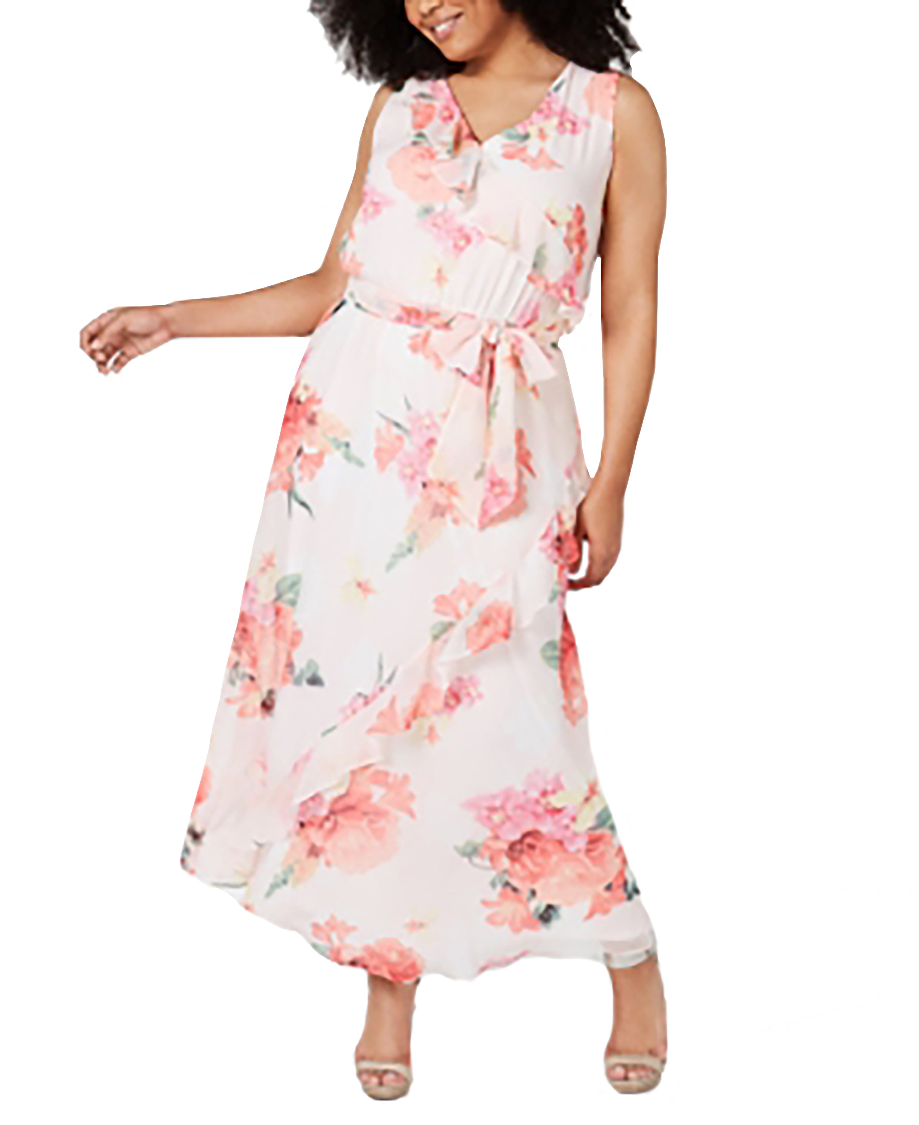 Calvin Klein Plus Size Floral-Print Ruffled Maxi Dress Porcelain Rose 24