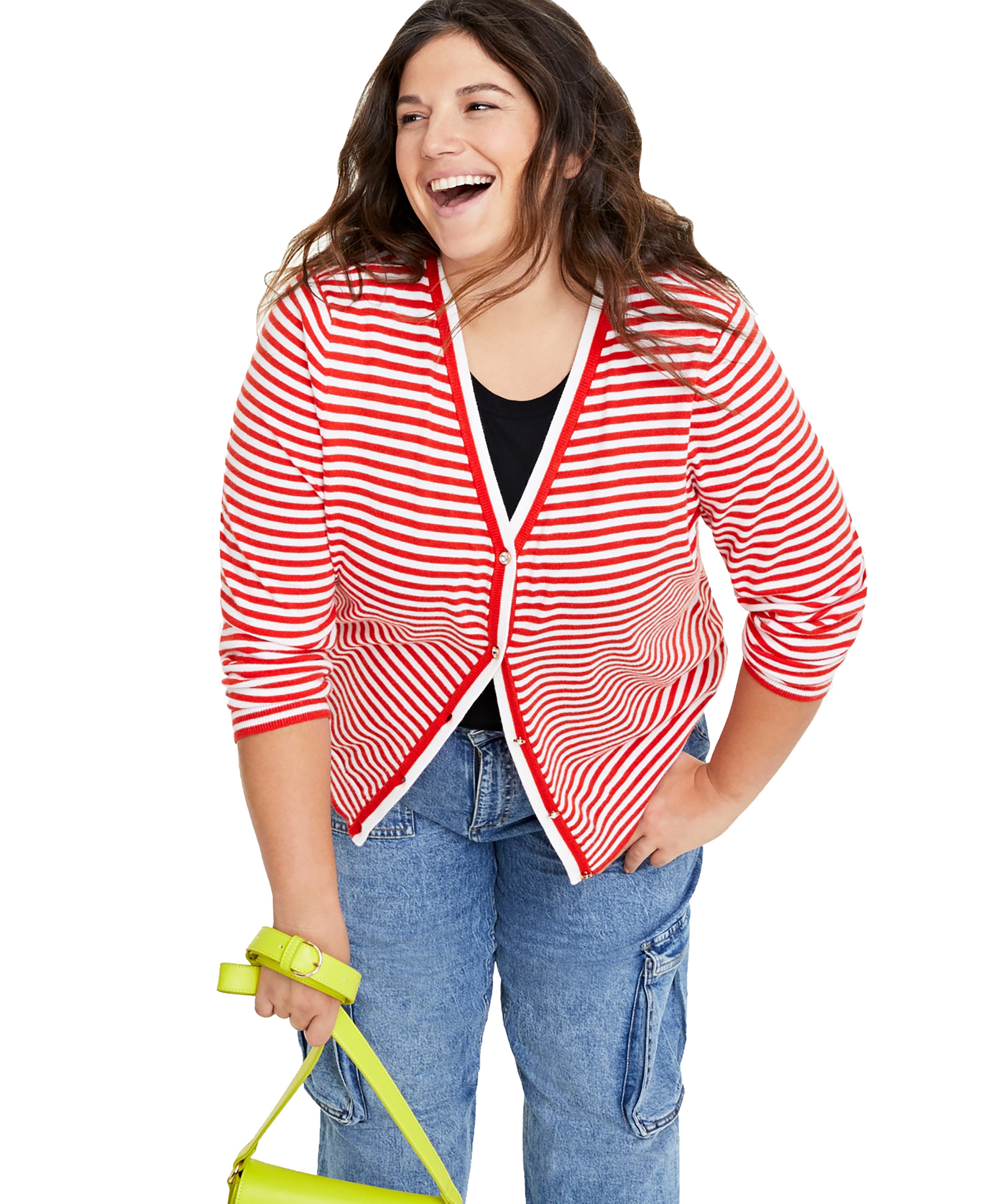 Plus Size Rhinestone-Button V-Neck Cardigan