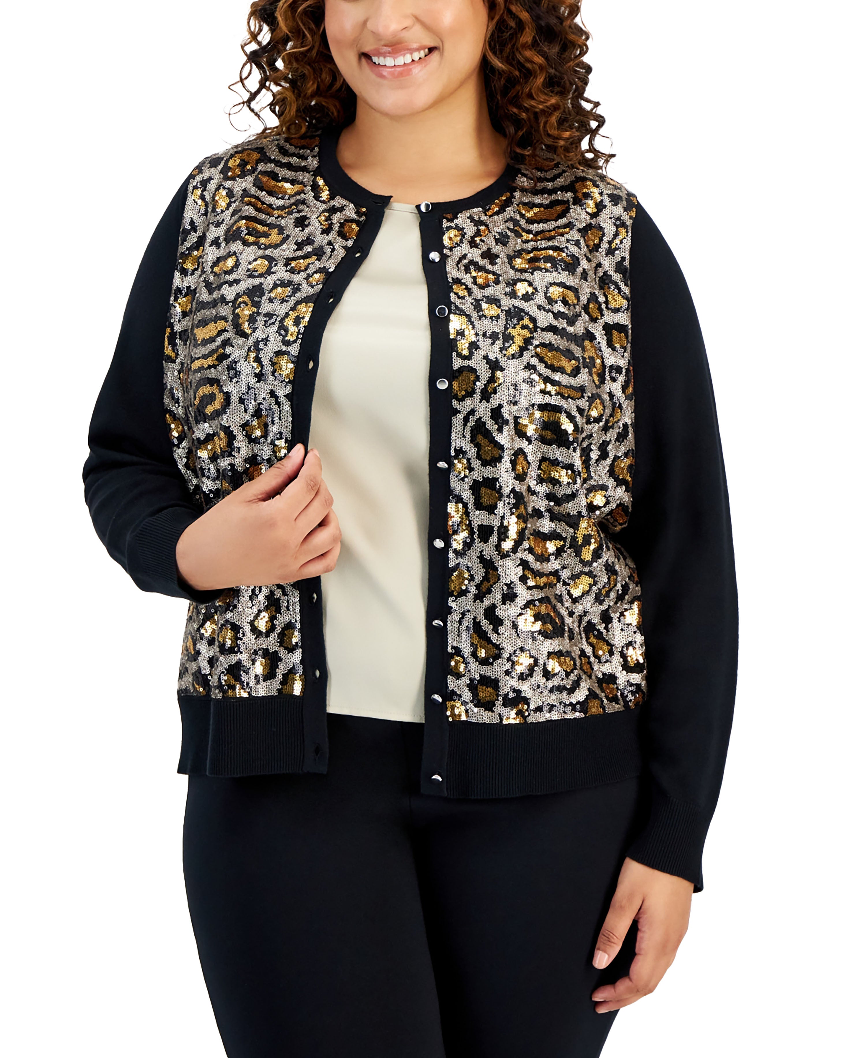 Plus Size Leopard Sequin Cardigan  Deep Black Combo 4X