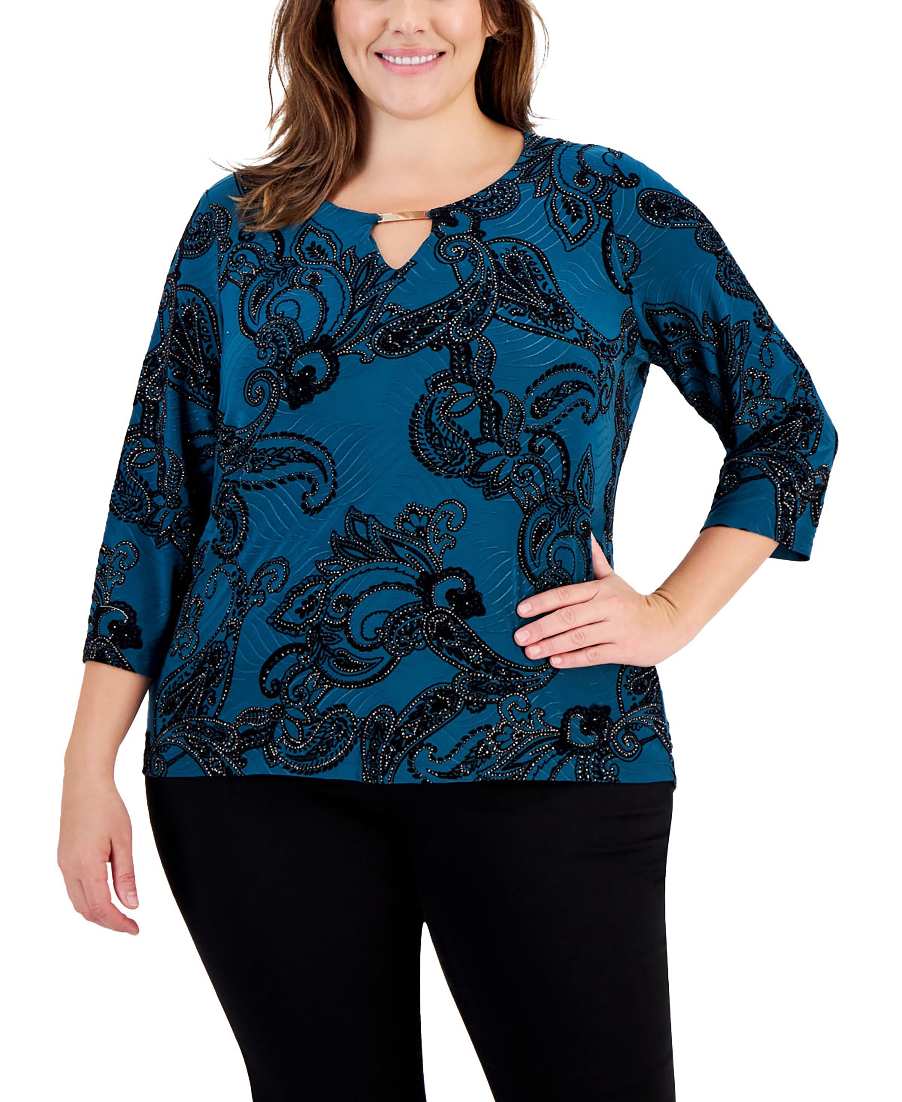 Plus Size Paisley Glitter Keyhole Top