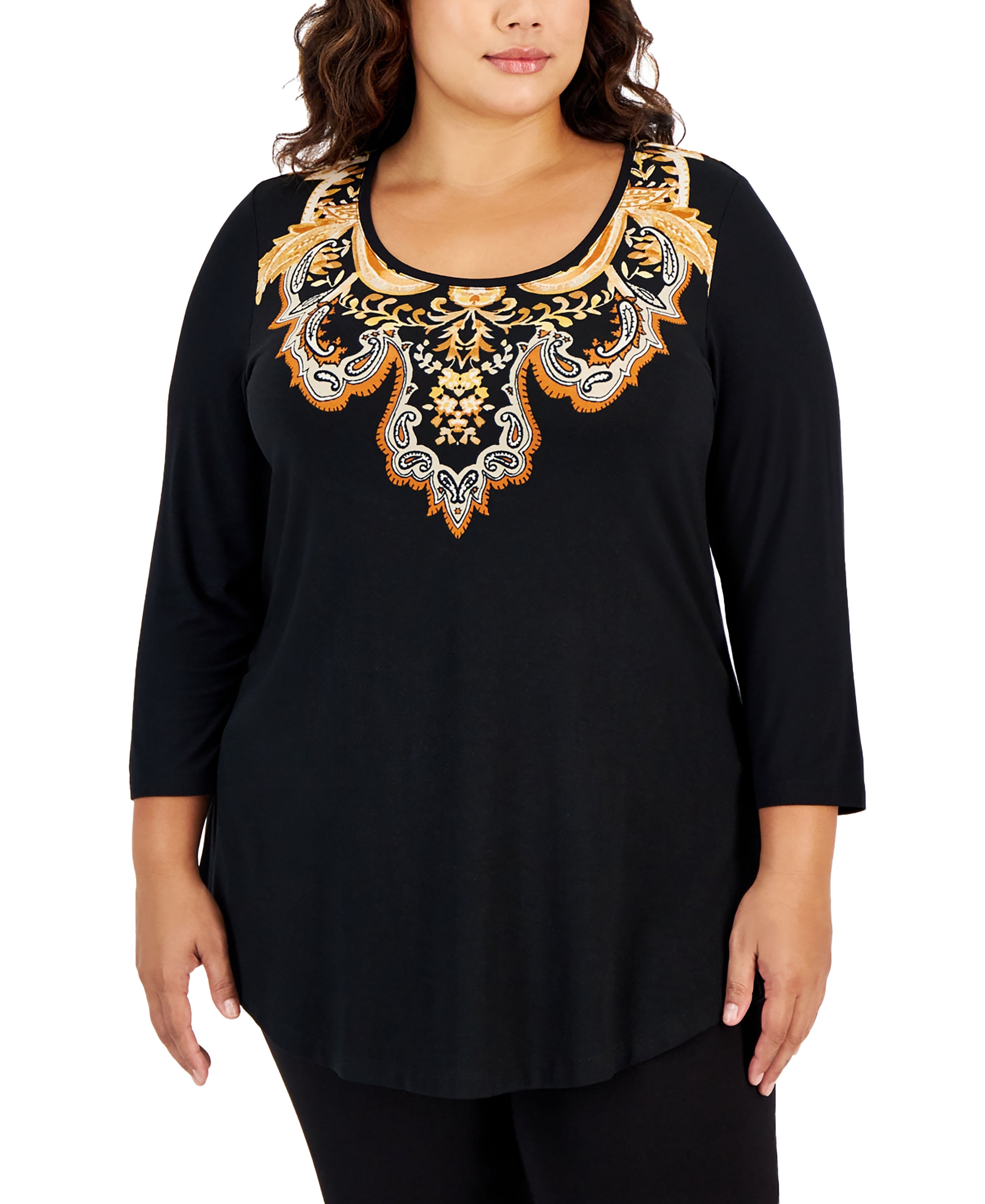 Plus Size Printed Medallion 3/4-Sleeve Top
