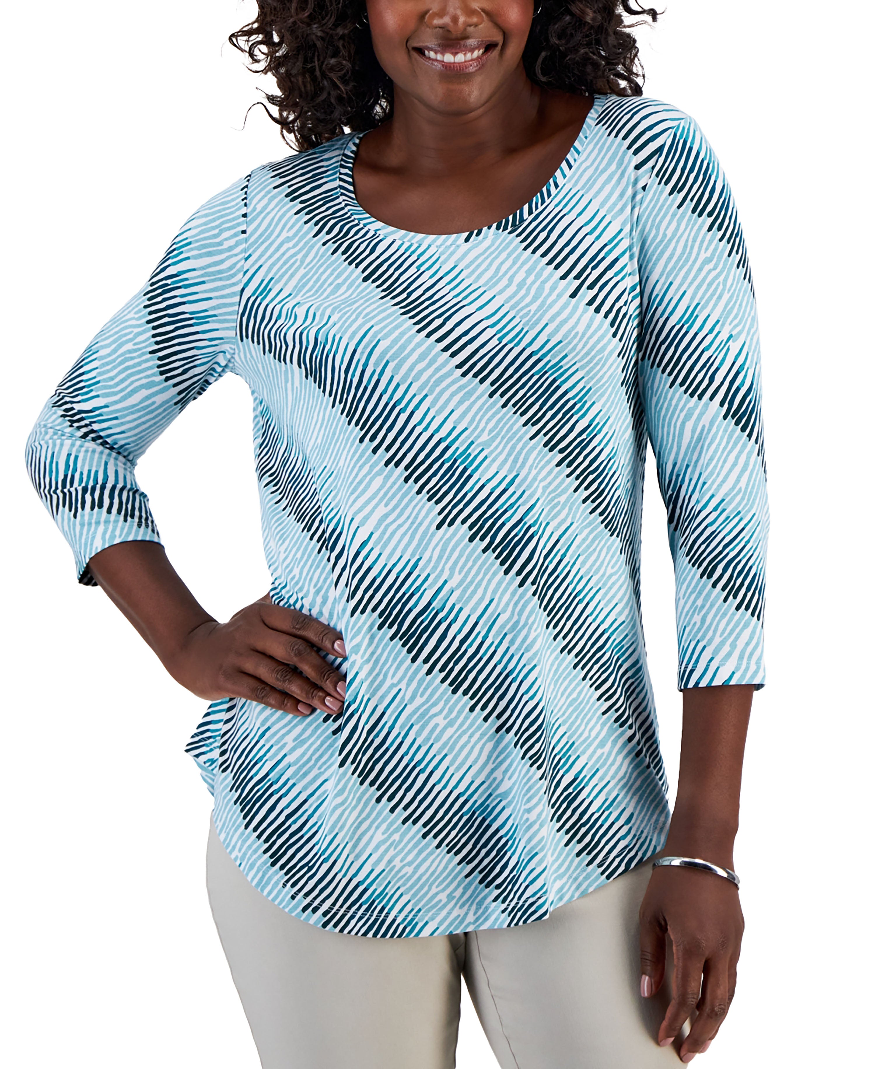 Petite Deanna Diagonal-Print Scoop-Neck Top Teal Evergreen Combo PL