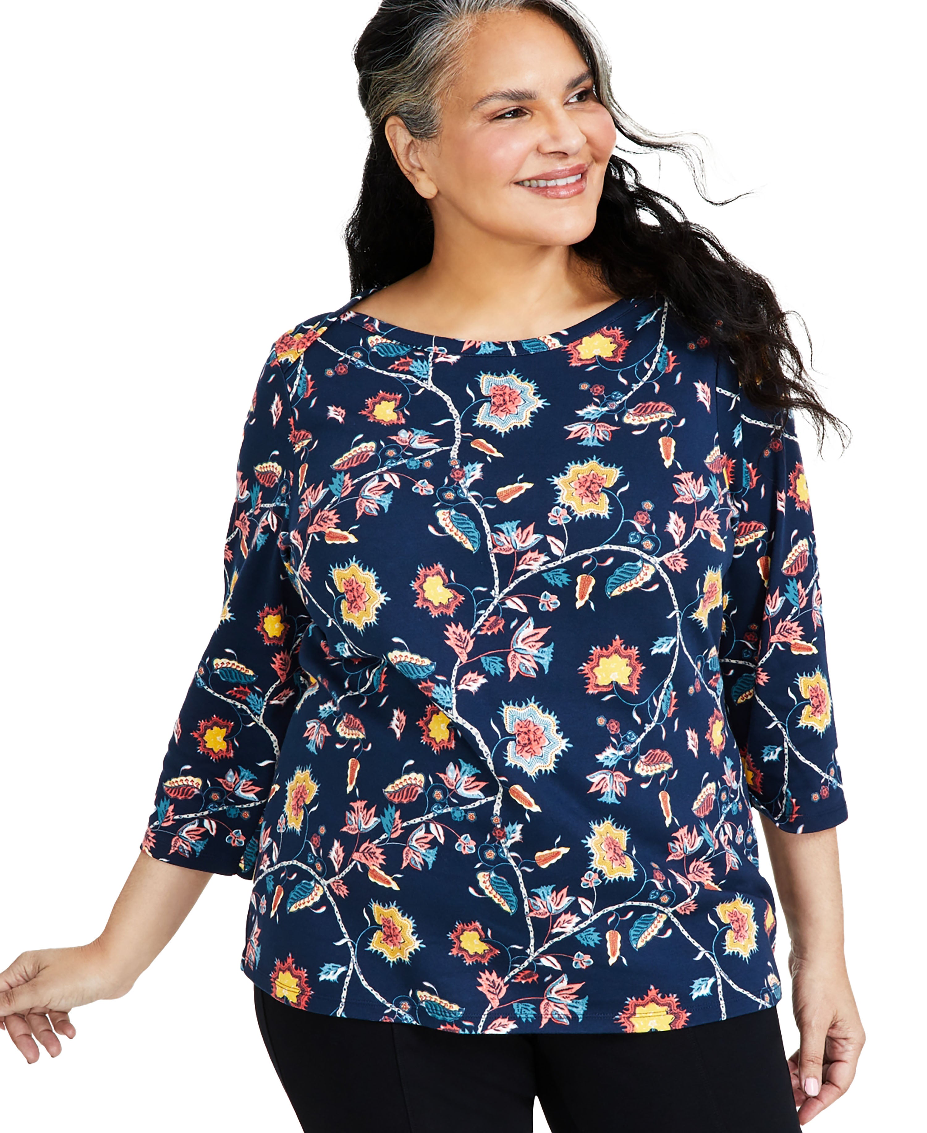Plus Size Printed Pima Cotton 3/4-Sleeve Top