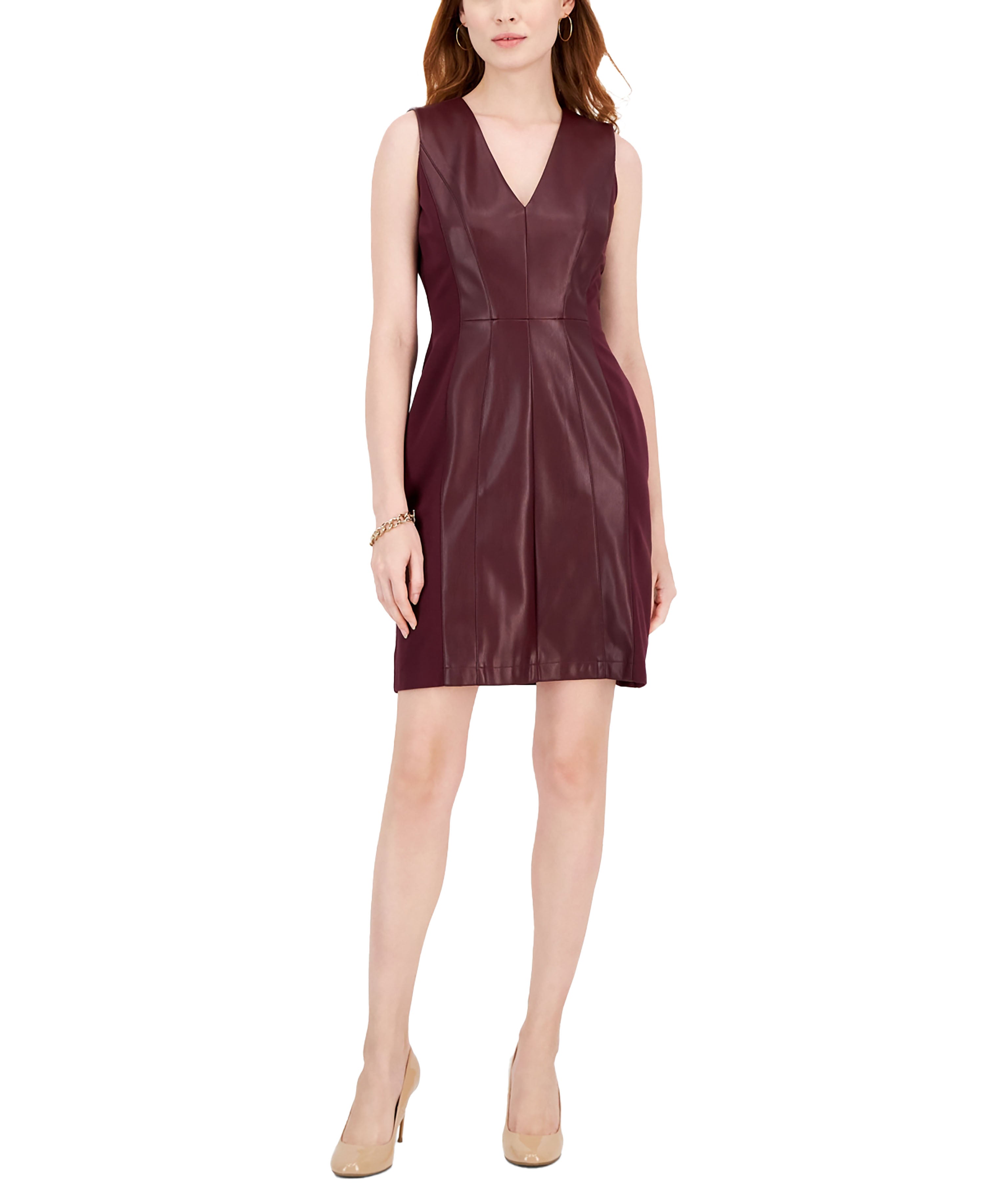 Petite V-Neck Faux-Leather Ponté-Knit Sheath Dress Port 8P