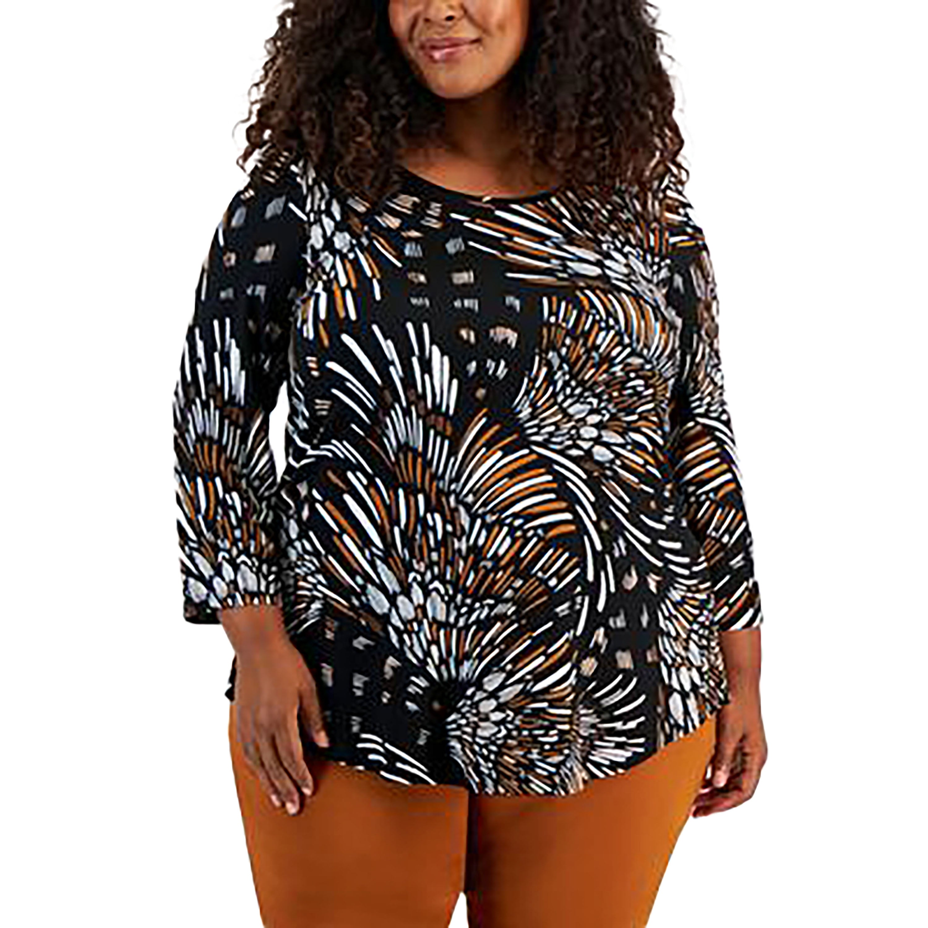 Plus Size Feathered Print 3/4 Sleeve Top