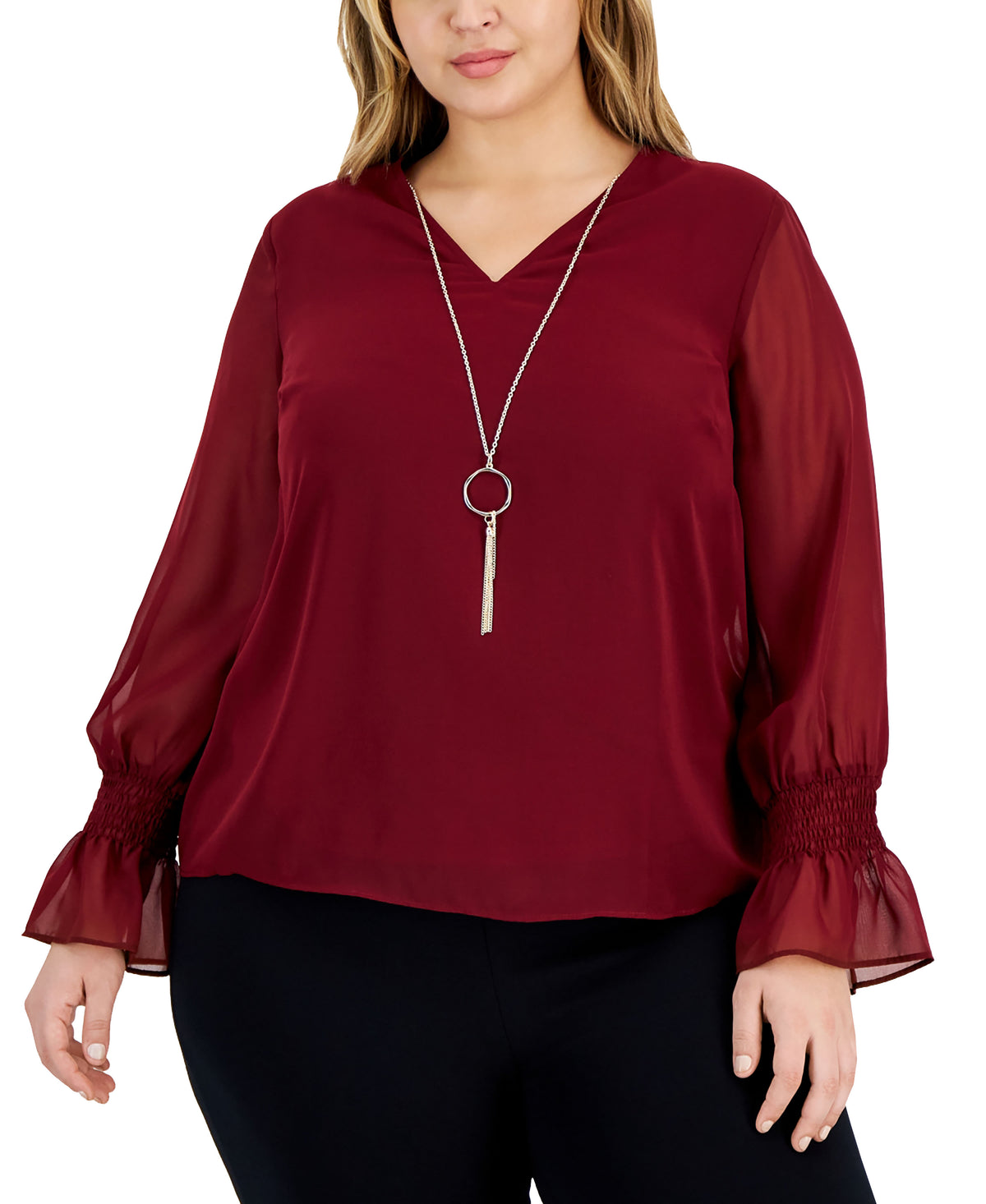 Plus Size Smocked-Sleeve Necklace Top