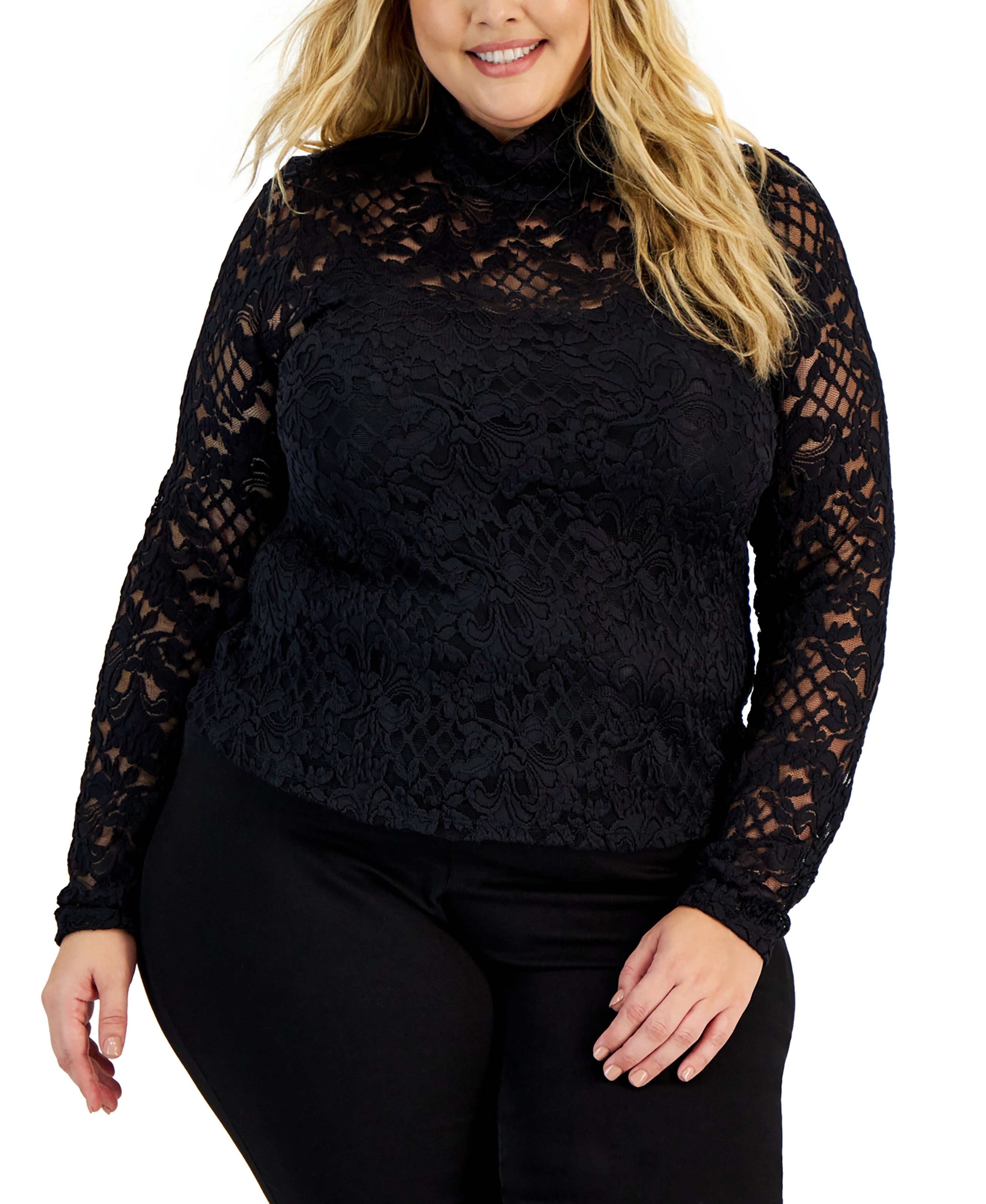 Plus Size Lace Long-Sleeve Mock-Neck Top