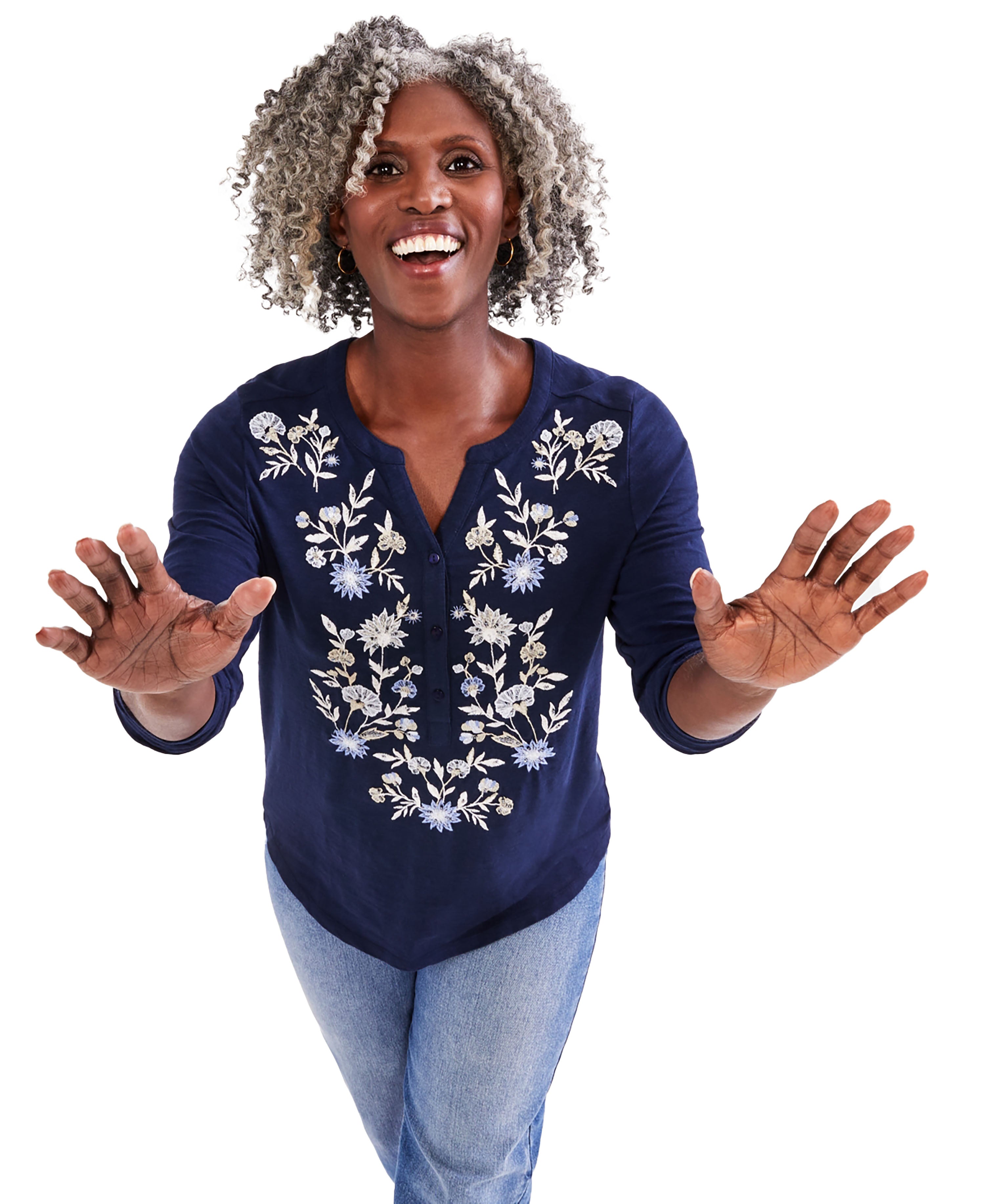 Women's Embroidered Henley Knit Top Blue Embroidery M
