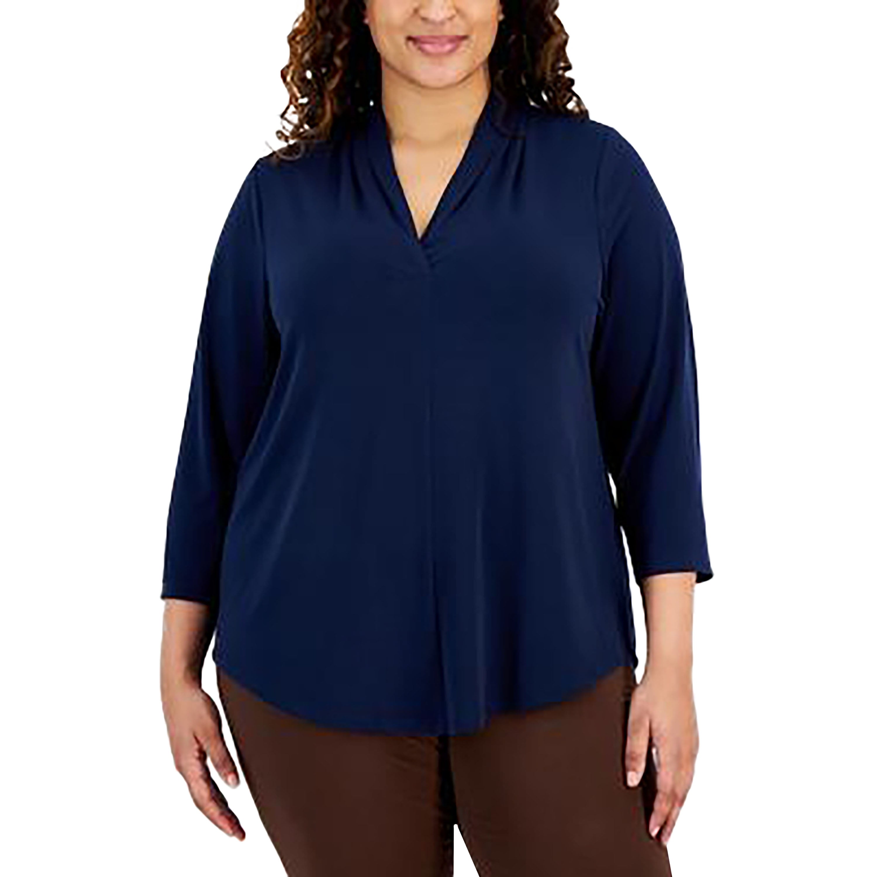 Plus Size Solid V-Neck 3/4-Sleeve Top Intrepid Blue 1X