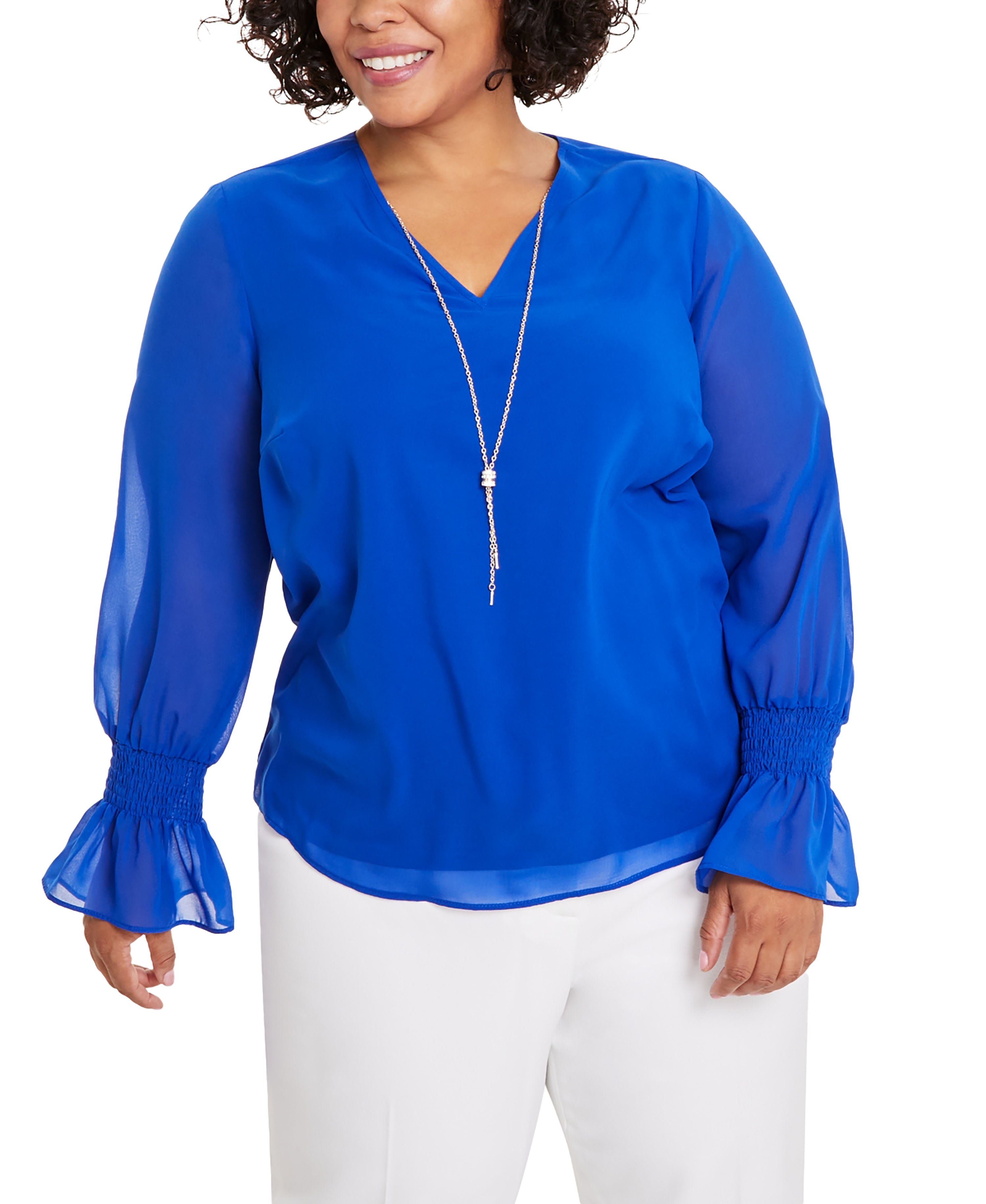 Plus Size Smocked-Sleeve Necklace Top