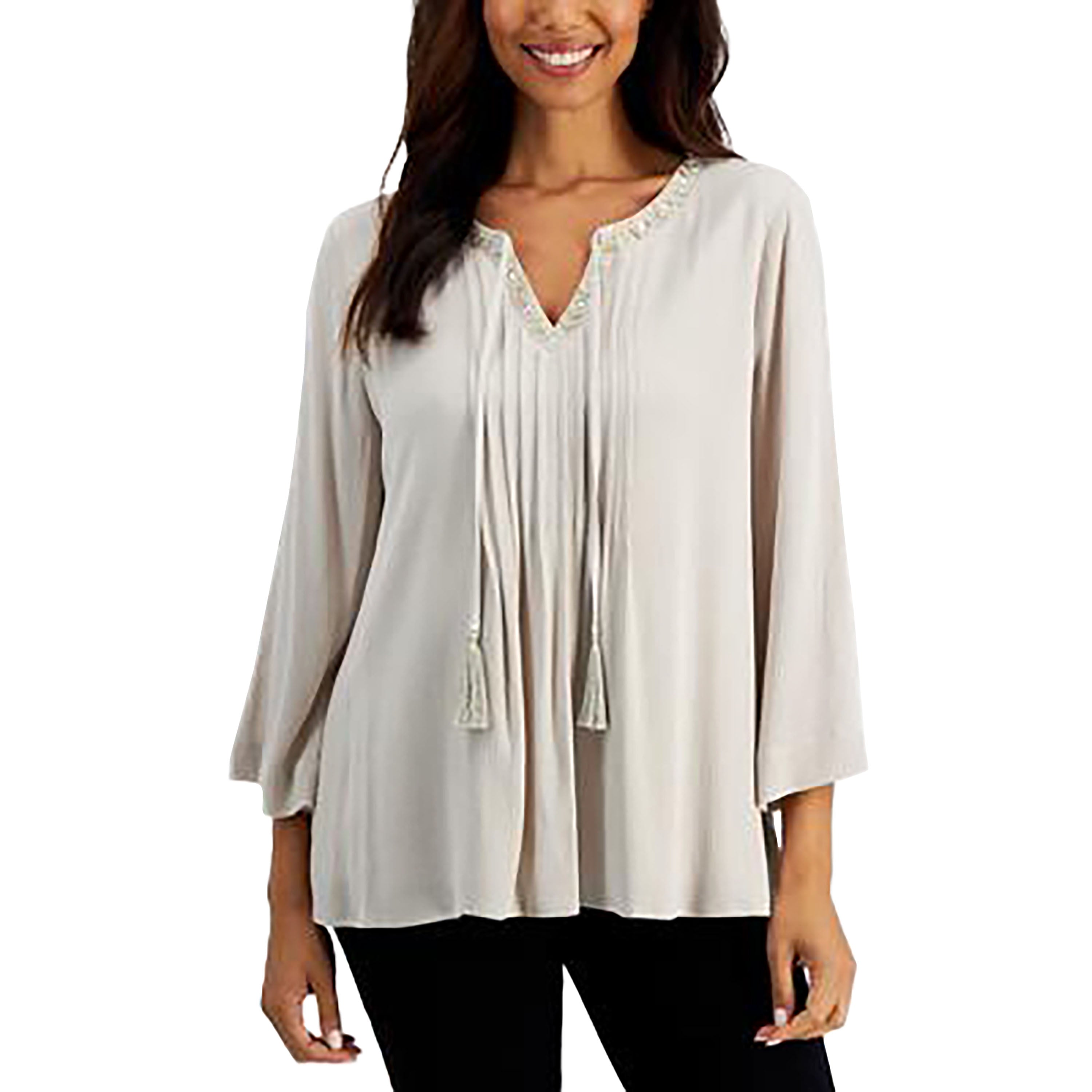 Women's Embellished Tie-Neck Pleated Peasant Top Stone Wall S