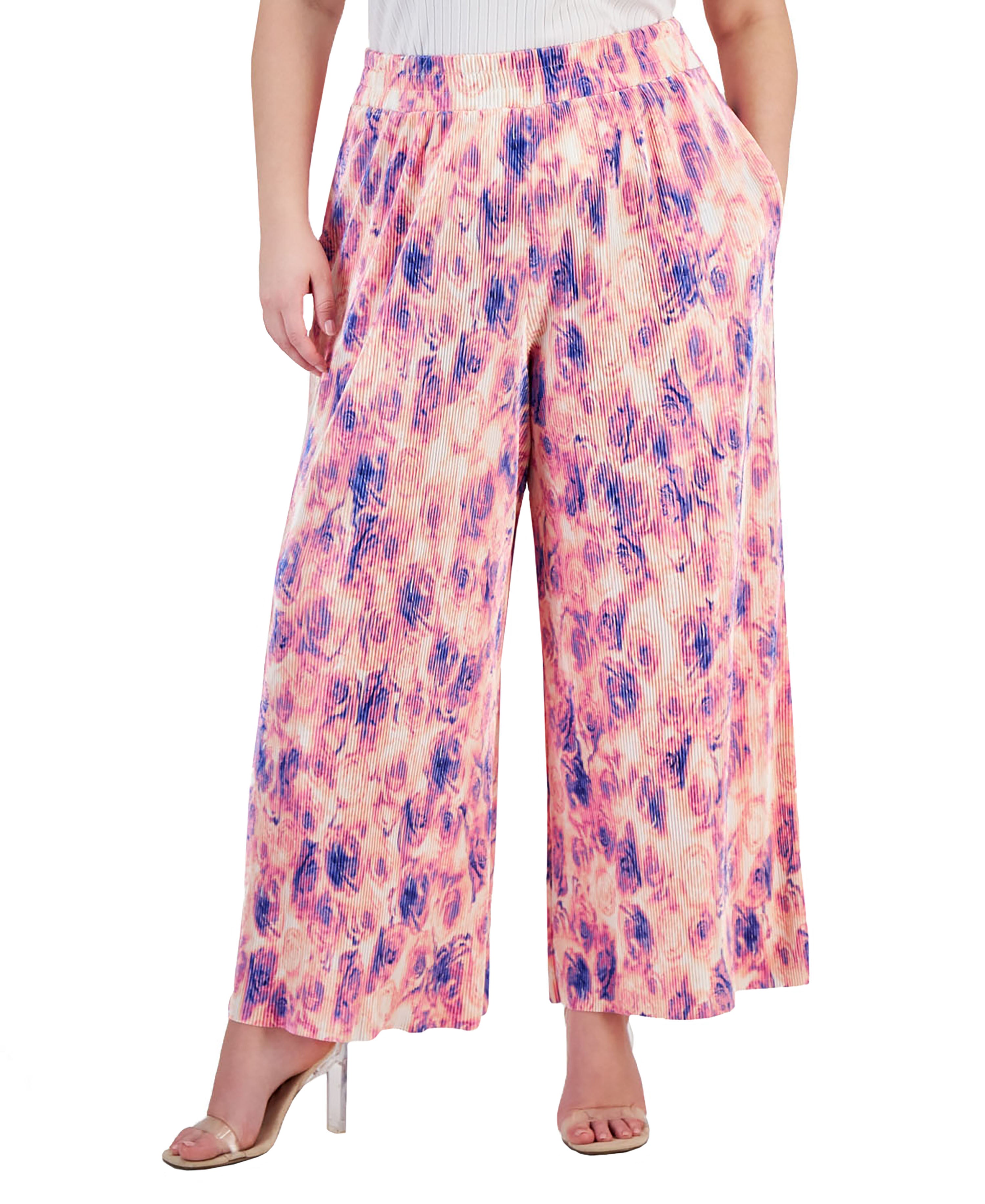 Plus Size Printed Pull-On Wide-Leg Plissé Pants Riley Rose 2X