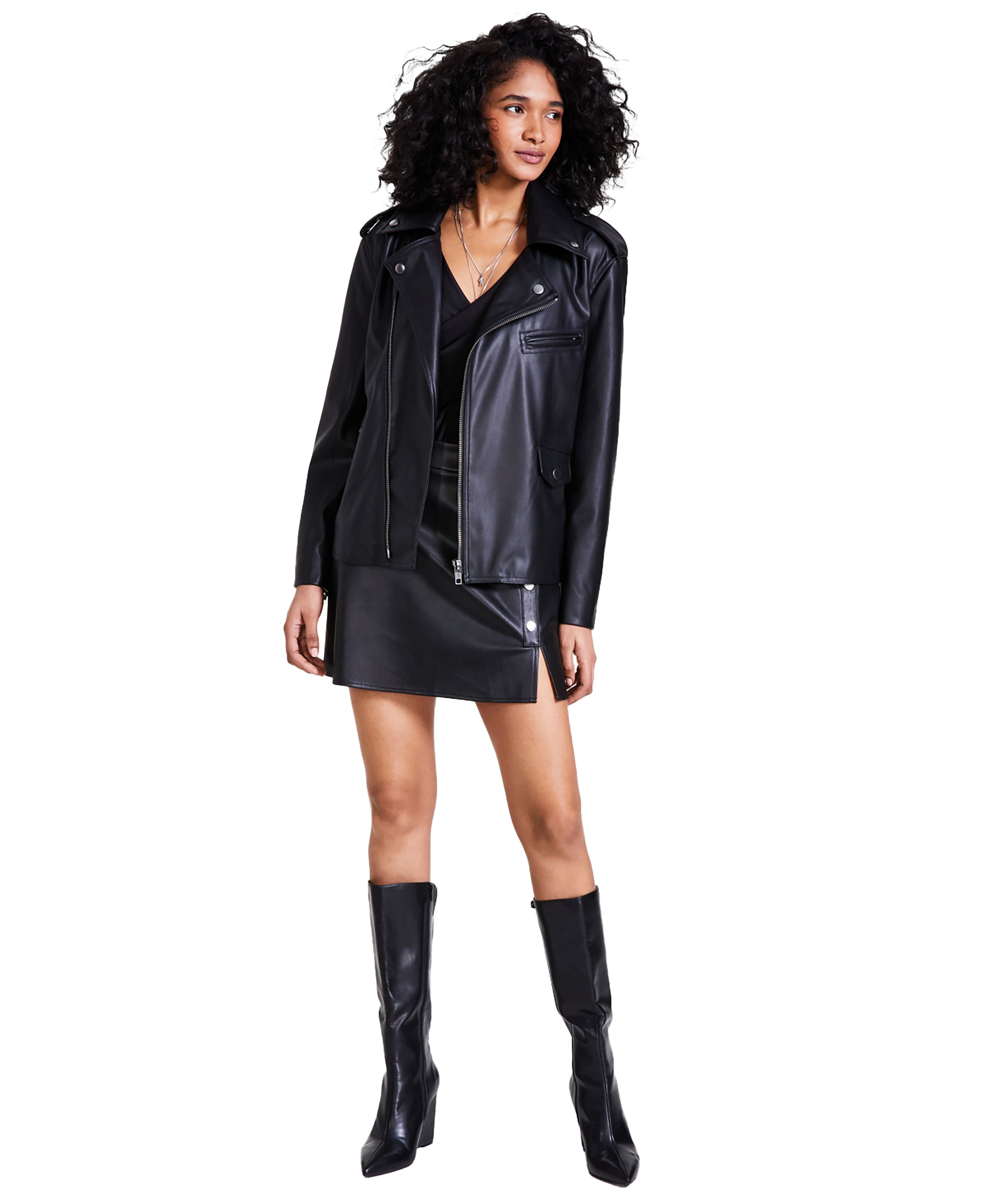 Bar III Women's Faux-Leather Jacket Deep Black M