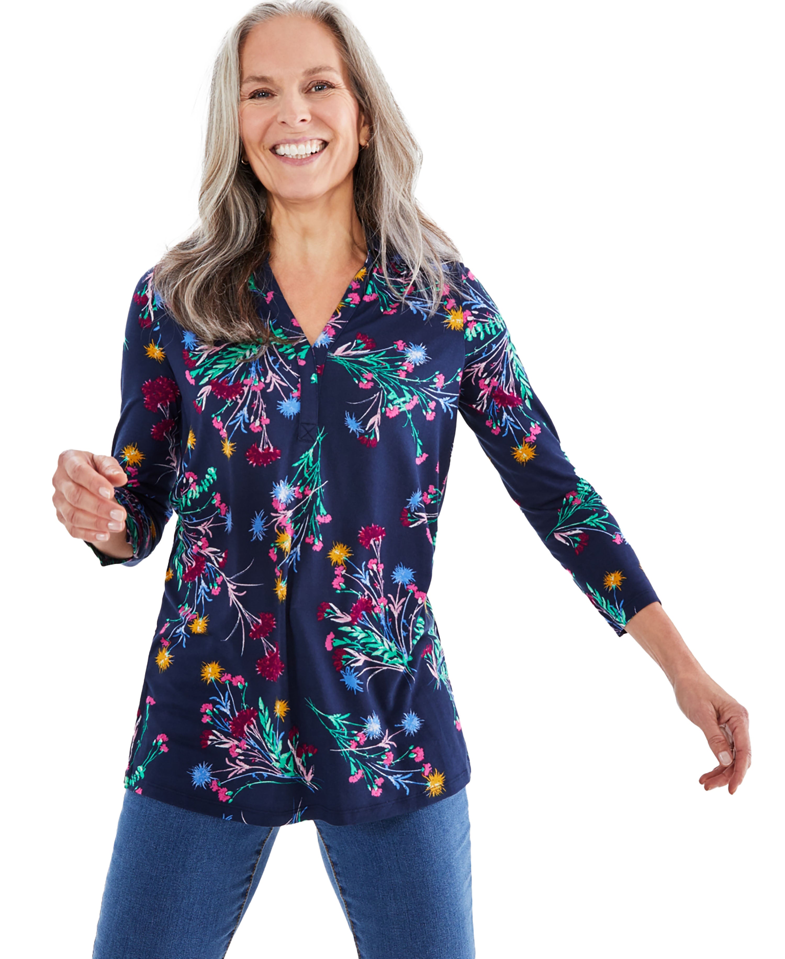 Women's Printed 3/4 Sleeve Split-Neck Collar Knit Tunic