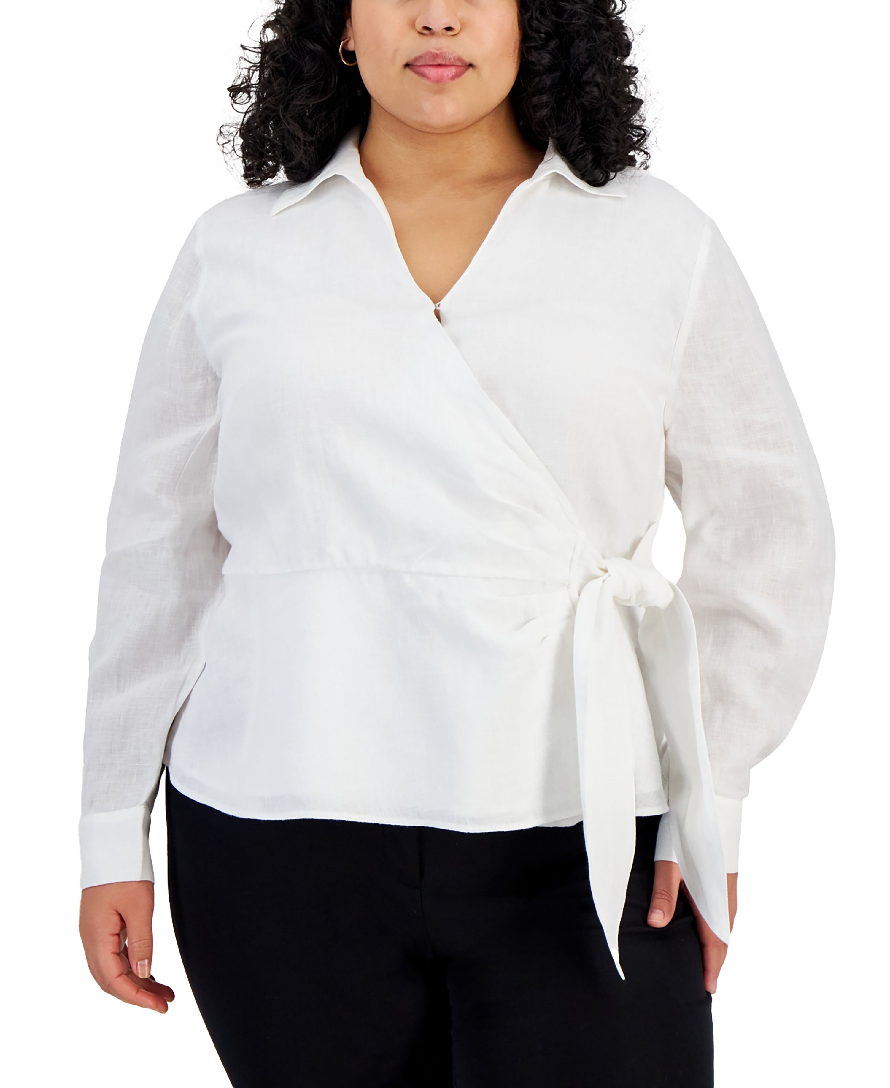 Plus Size Collared Long-Sleeve Wrap Top Bright White 2X