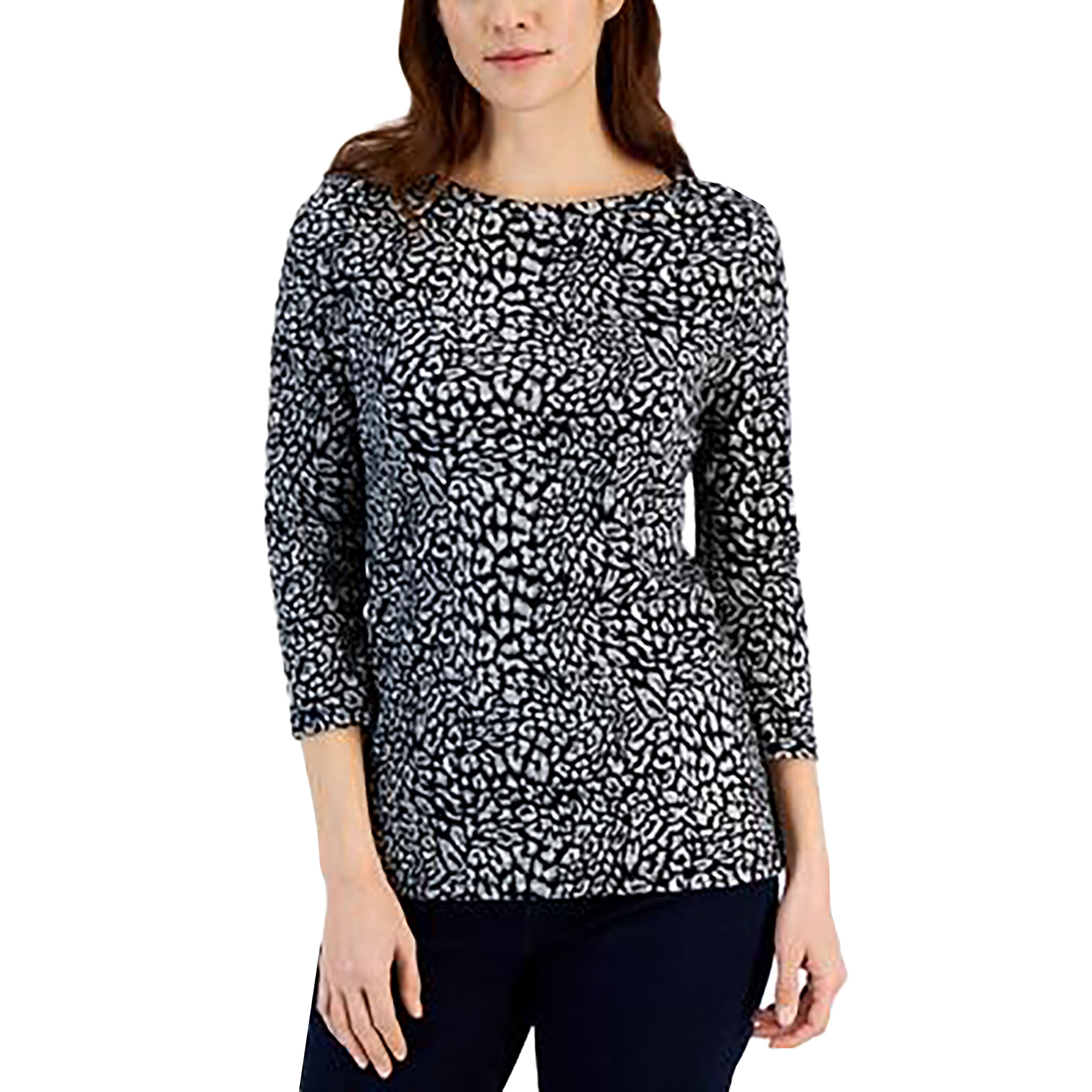 Women's Small Textured Leopard Pima Boat-Neck  Top, Regular & Petite