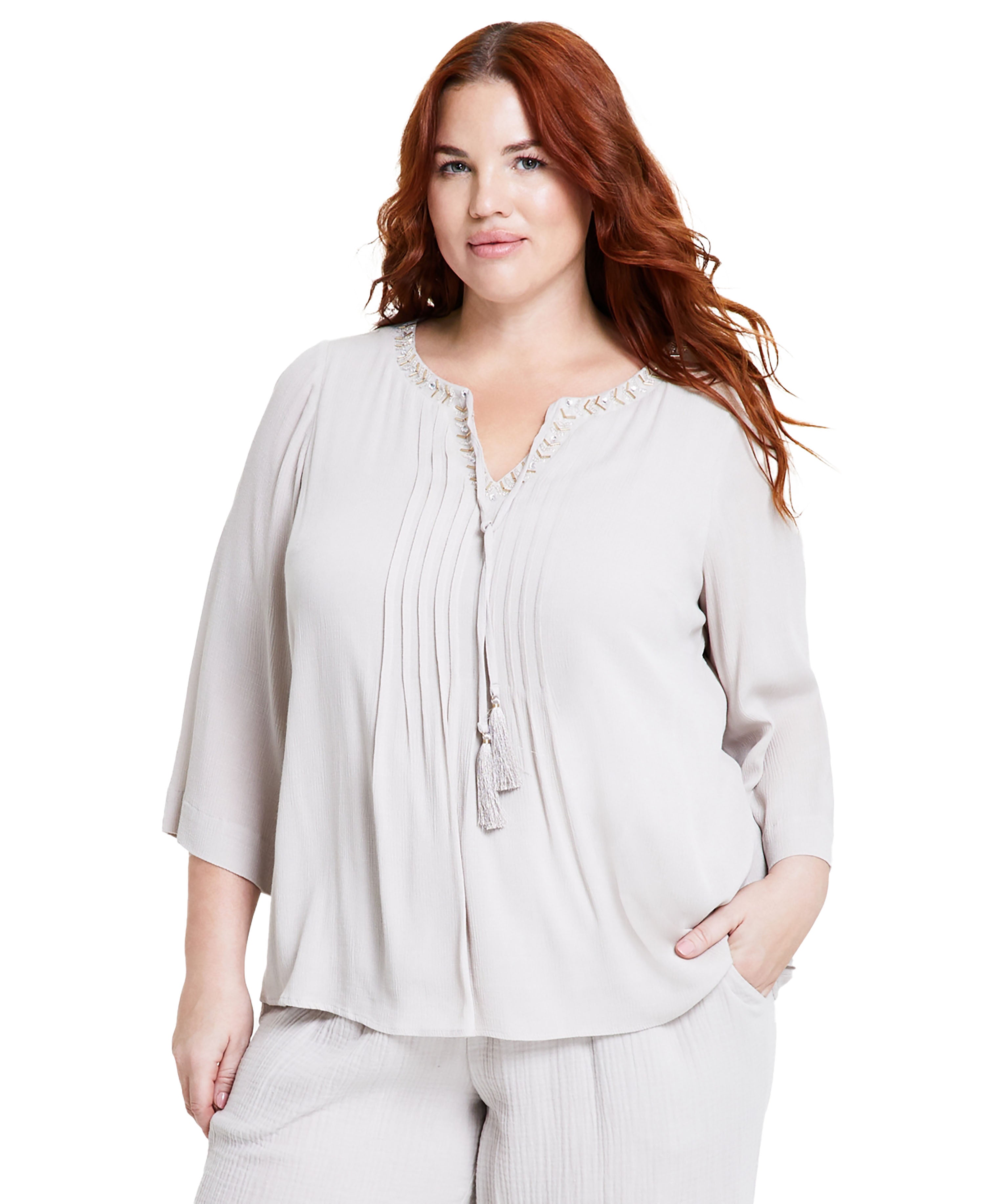 Plus Size Beaded-Neck Gauze Top Stone Wall 1X