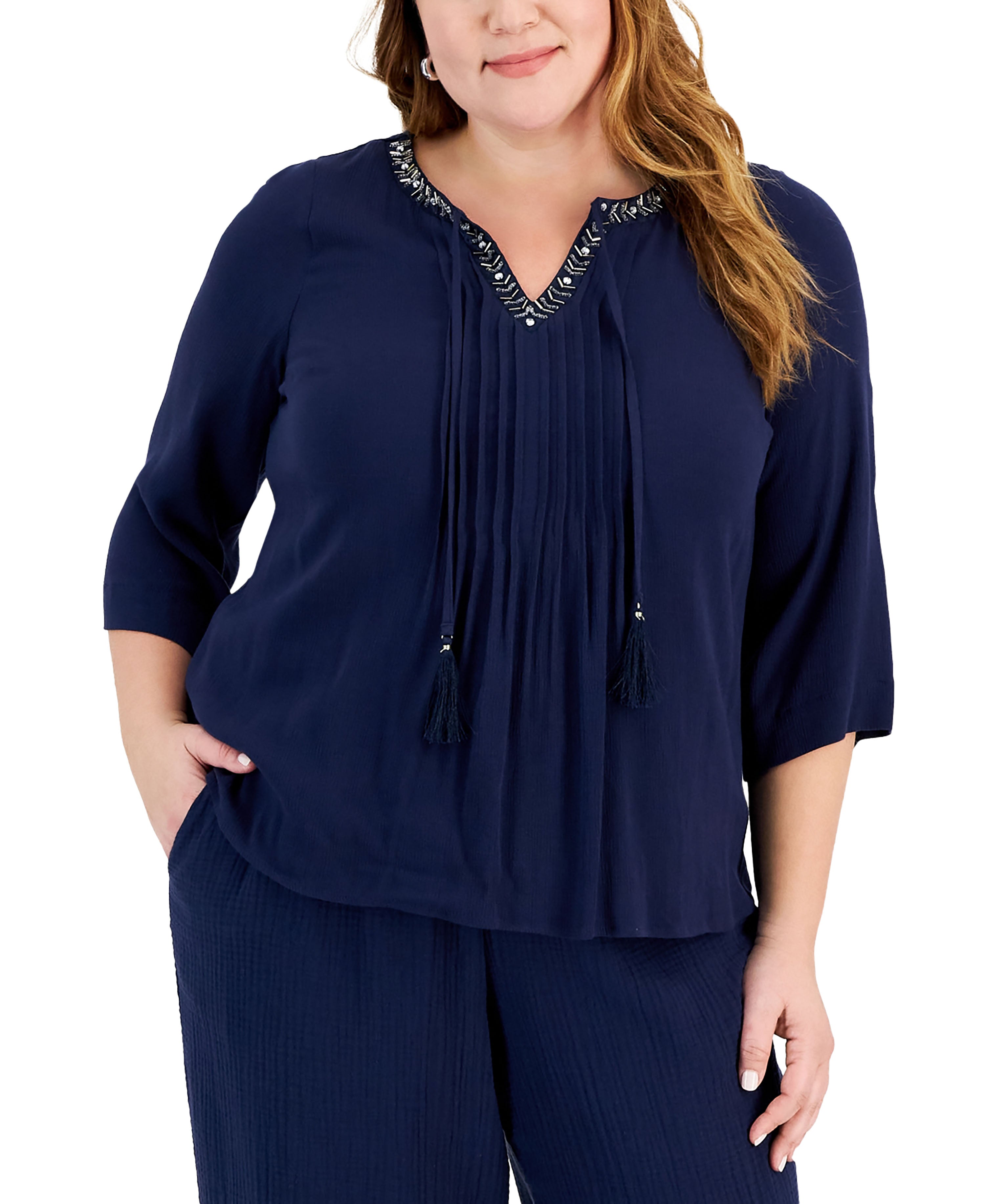 Plus Size Beaded-Neck Gauze Top Intrepid Blue 3X