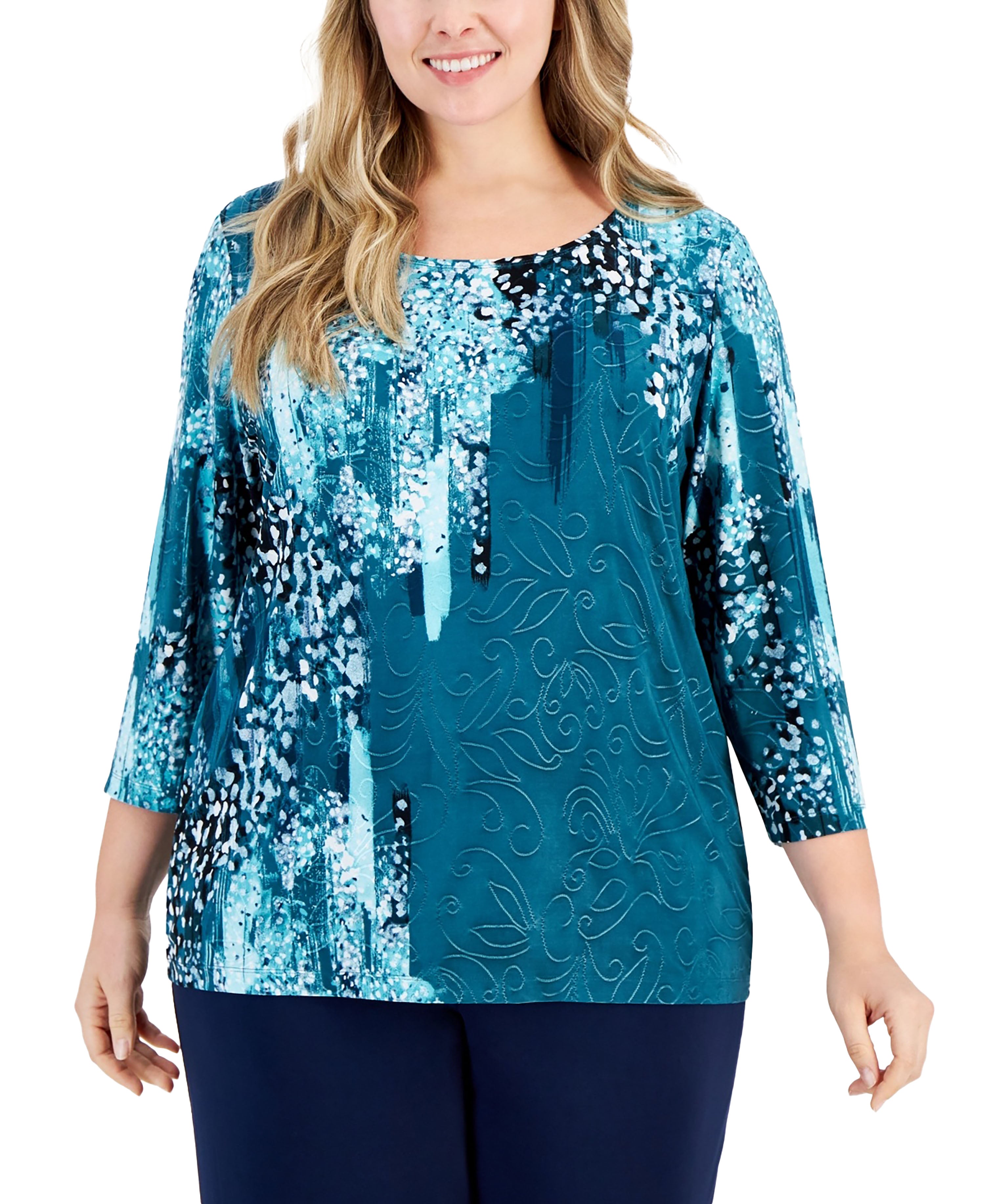Plus Size Printed Jacquard Top Teal Evergreen Combo 3X