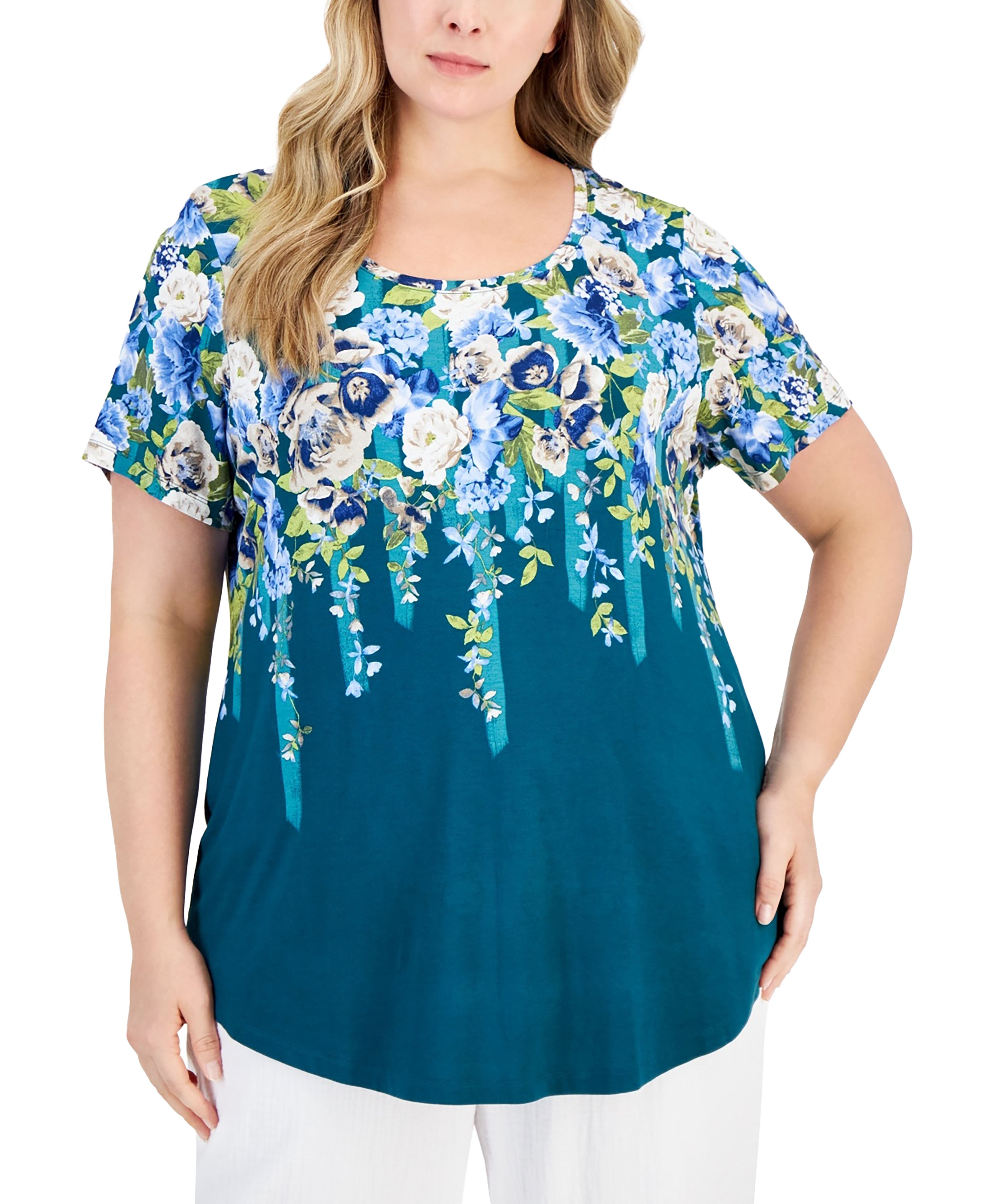 Plus Size Floral-Print Top Teal Evergreen Combo 2X