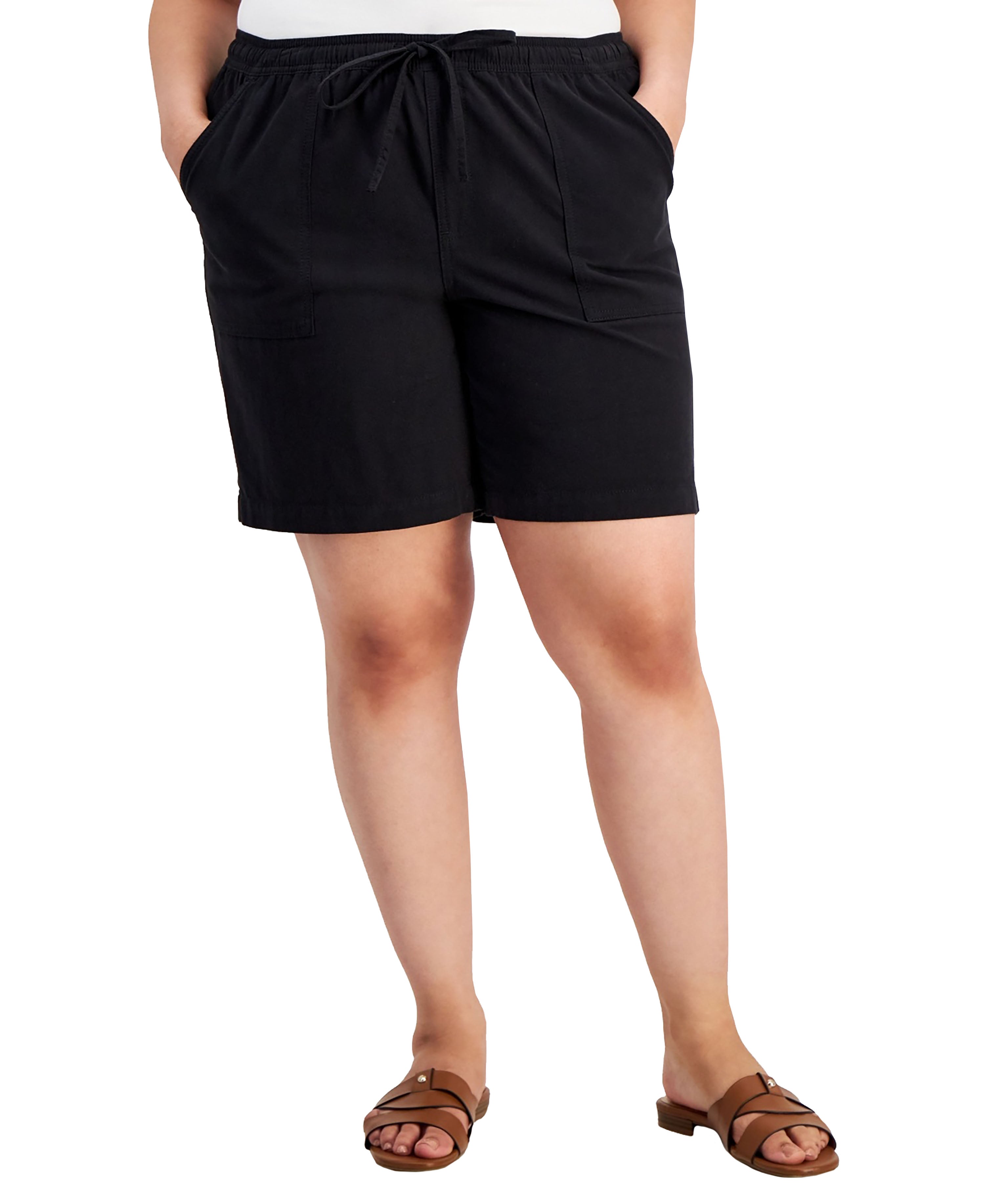 Plus Size Cotton Drawstring Pull-On Shorts Deep Black 2X