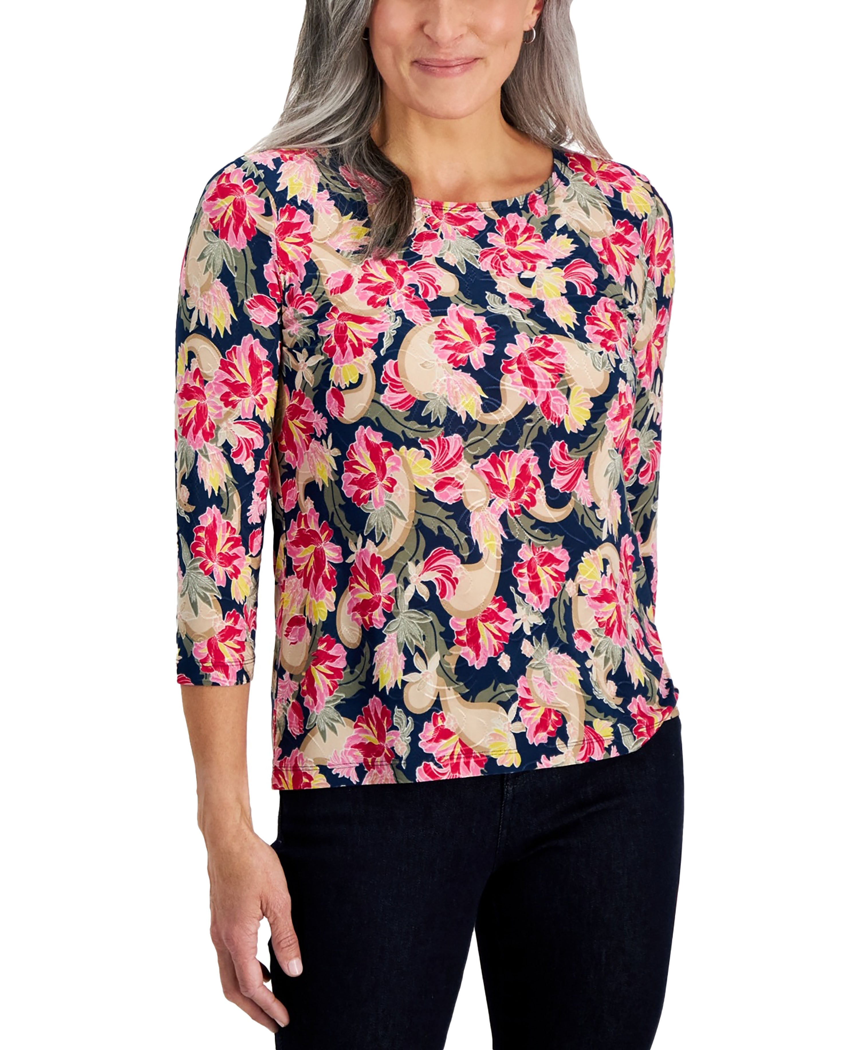 Petite Oaklyn Garden Jacquard Top  Intrepid Blue Combo PXL