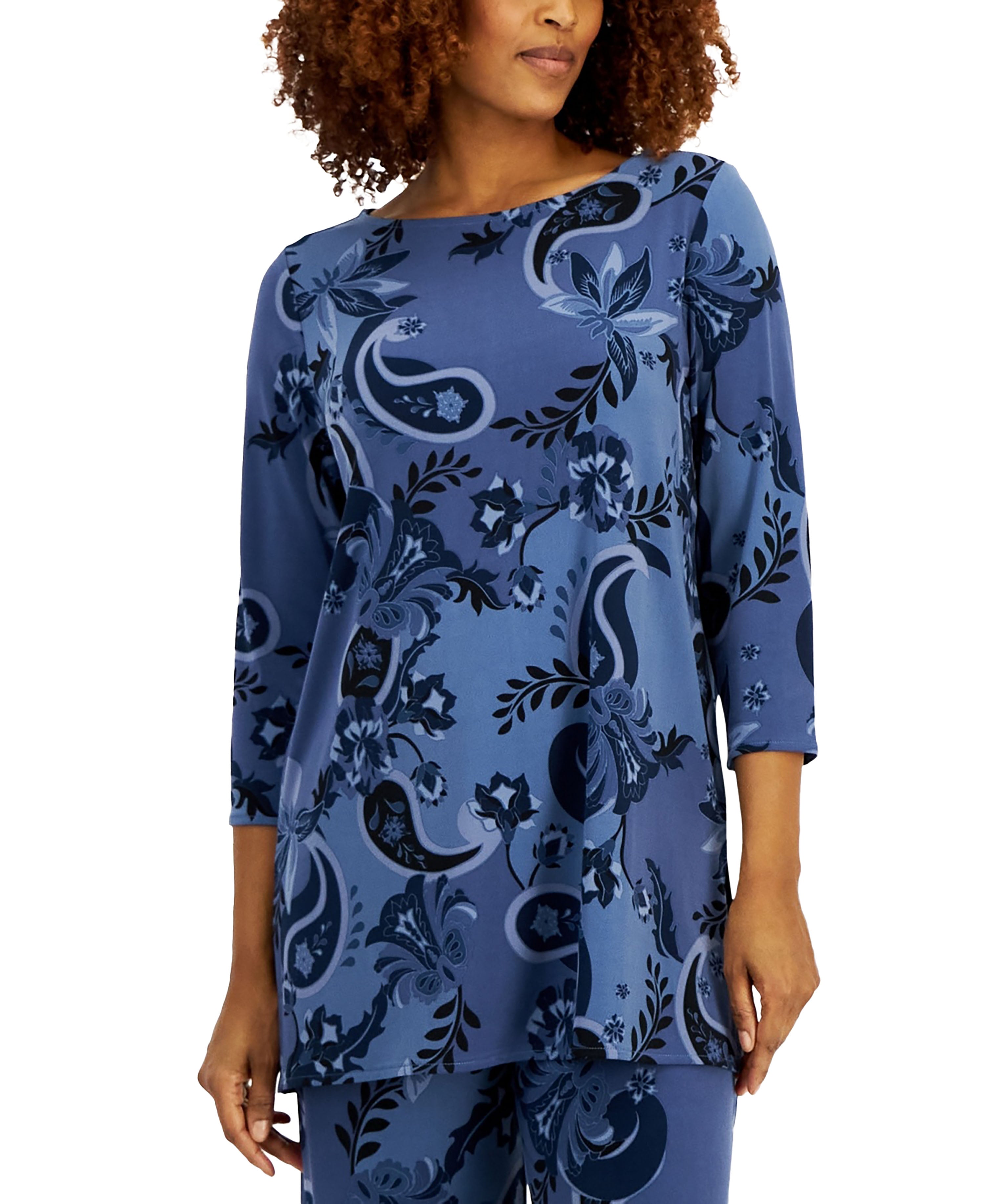 Women's Printed Boat-Neck Tunic Top Intrepid Blue Combo S