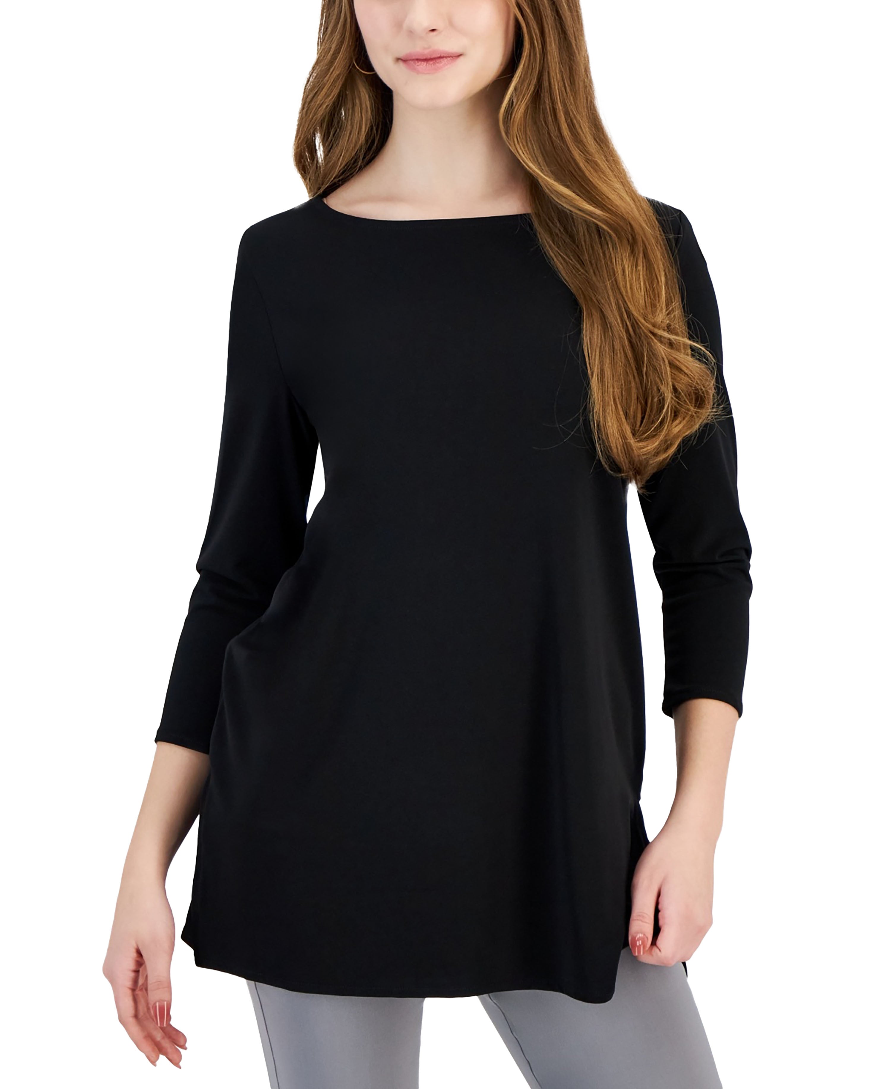 Petite 3/4-Sleeve Boat-Neck Top Deep Black PM
