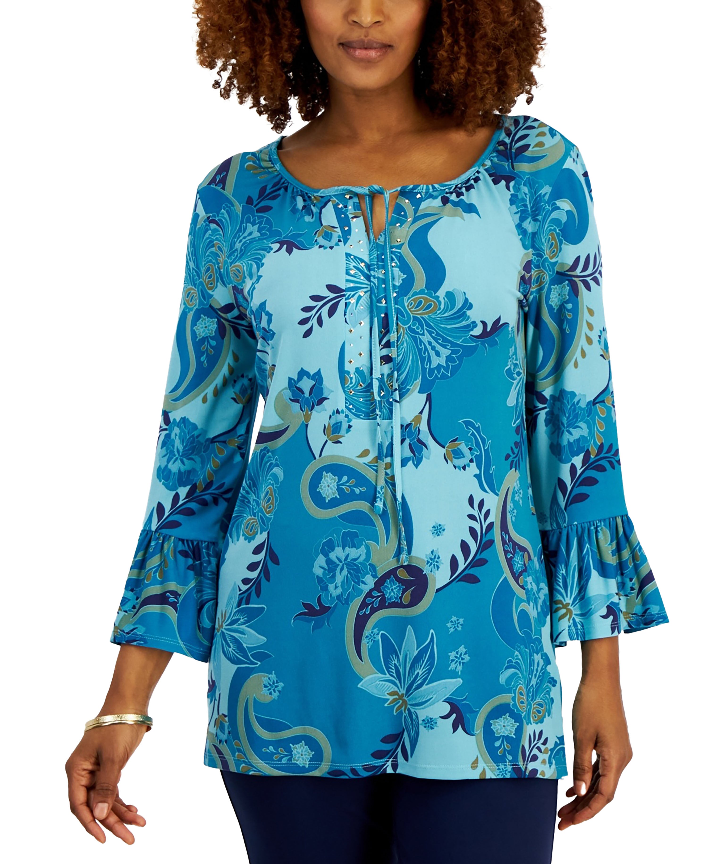 Women's Printed Embellished Tunic with Ruffle Sleeves Seafrost Combo L