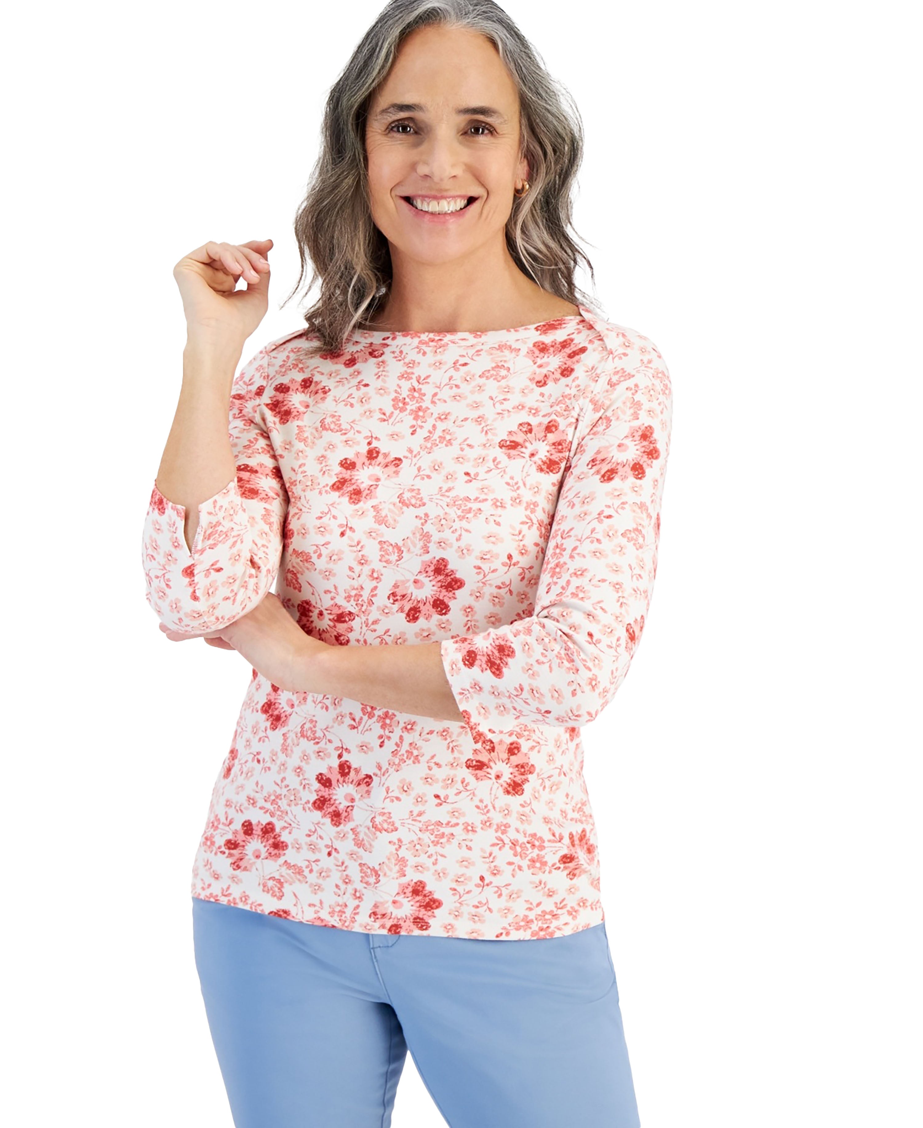 Petite Pottery Floral 3/4-Sleeve Pima Knit Top