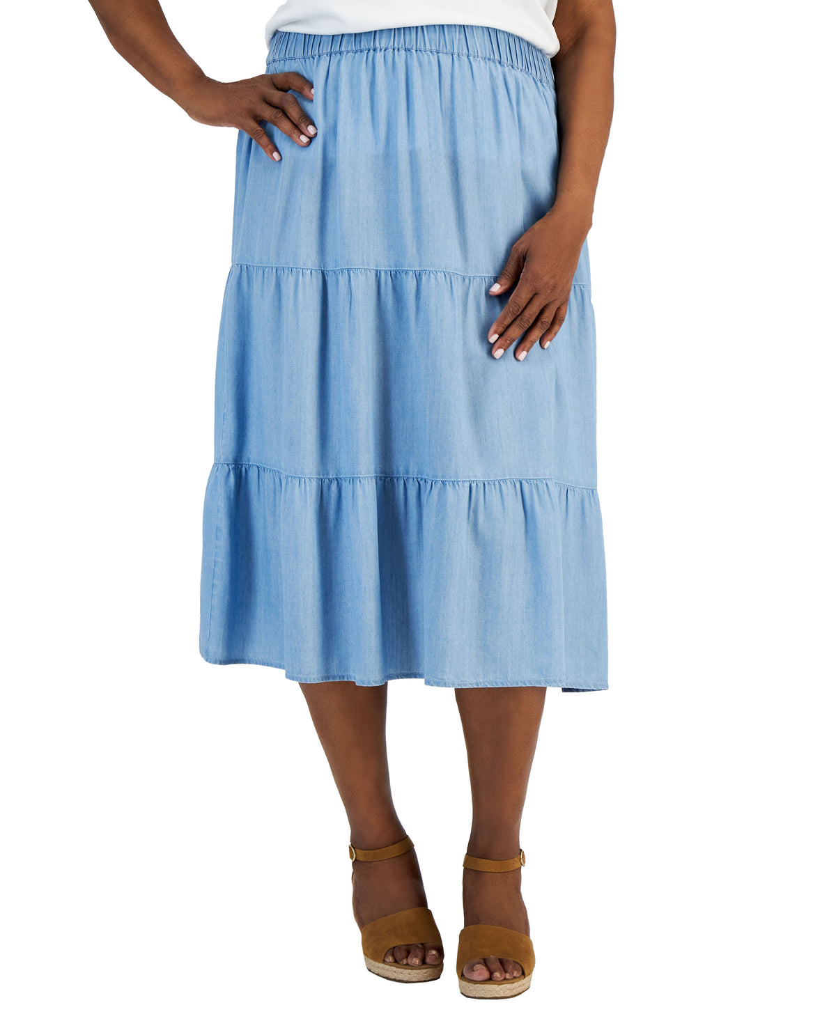 Plus Size Tiered Pull-On Midi Skirt