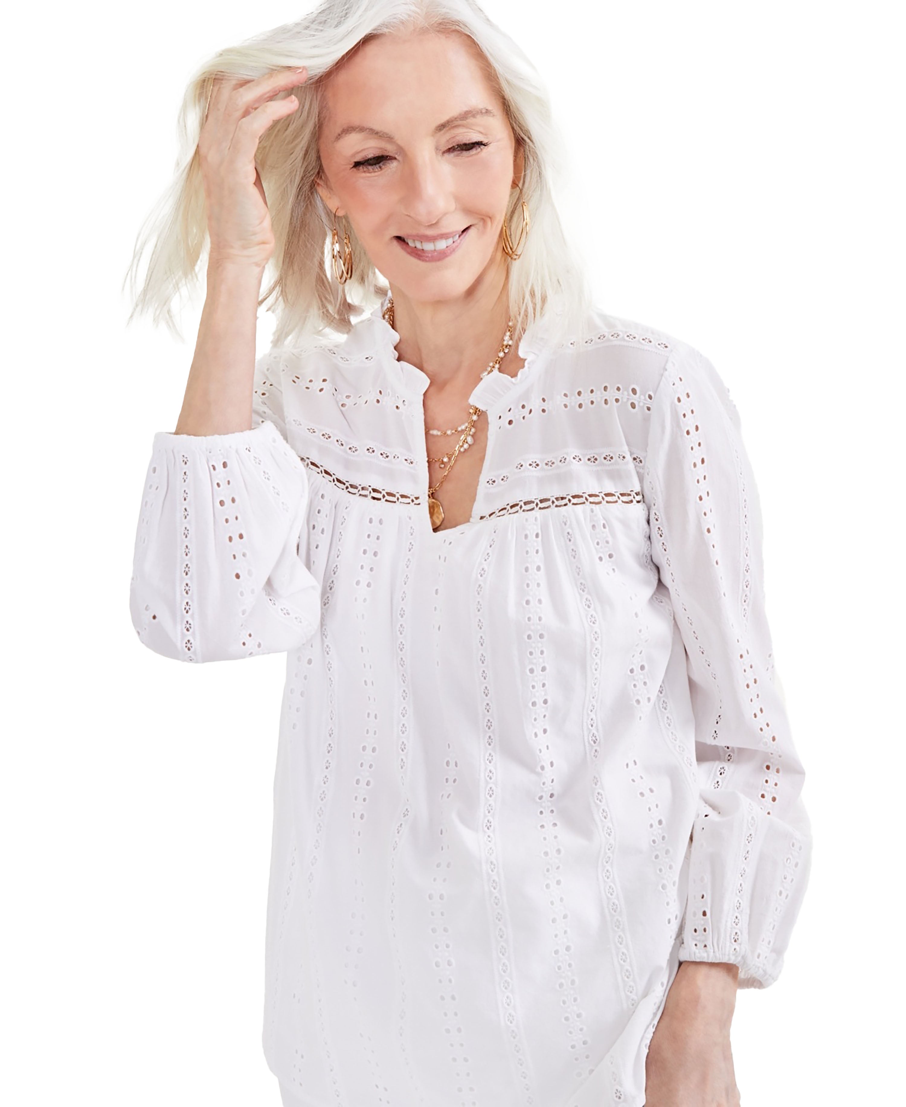 Petite Long Sleeve Eyelet Blouse Bright White PL