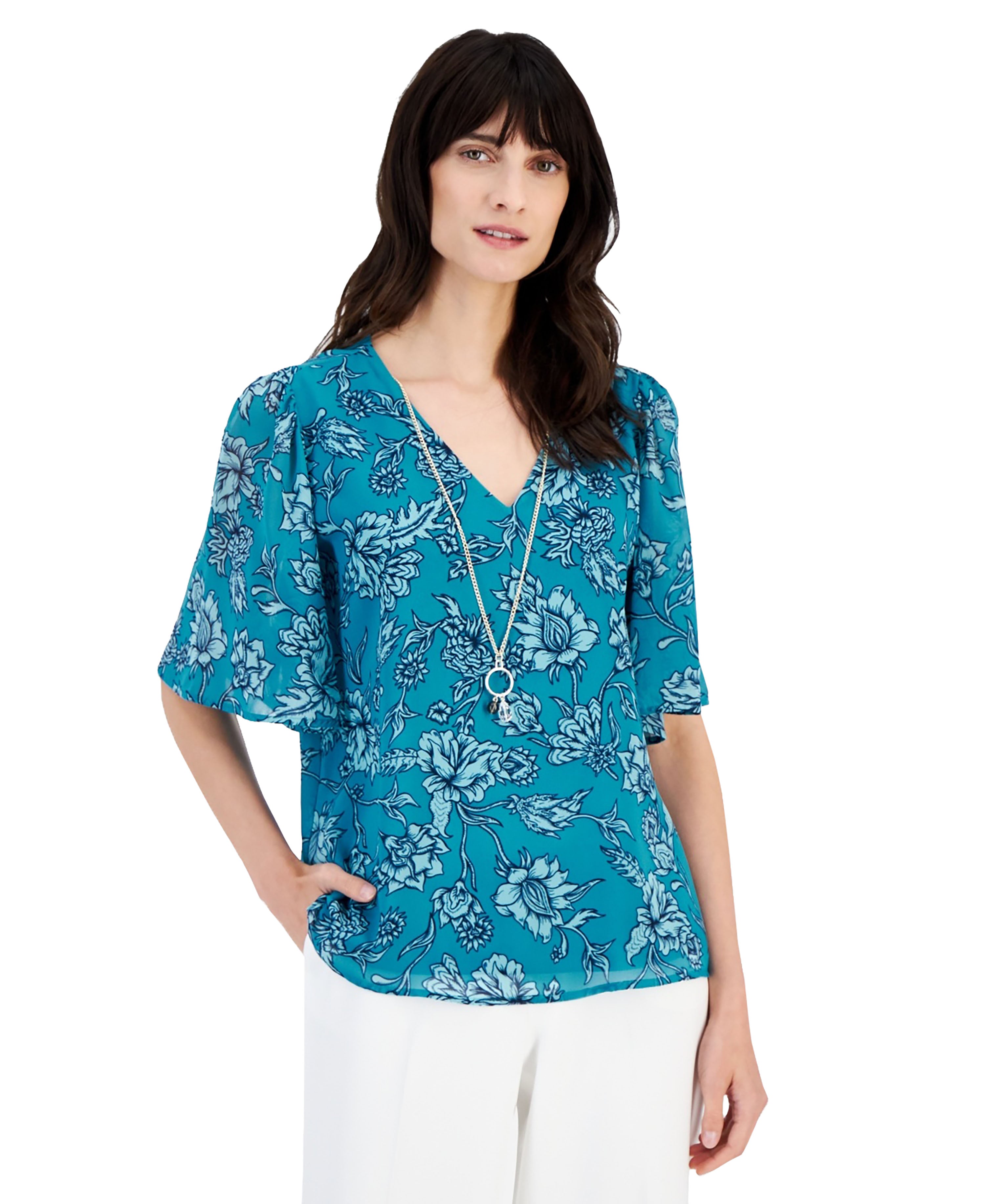 Women's Printed Short Flutter-Sleeve Top Seafrost Combo XS