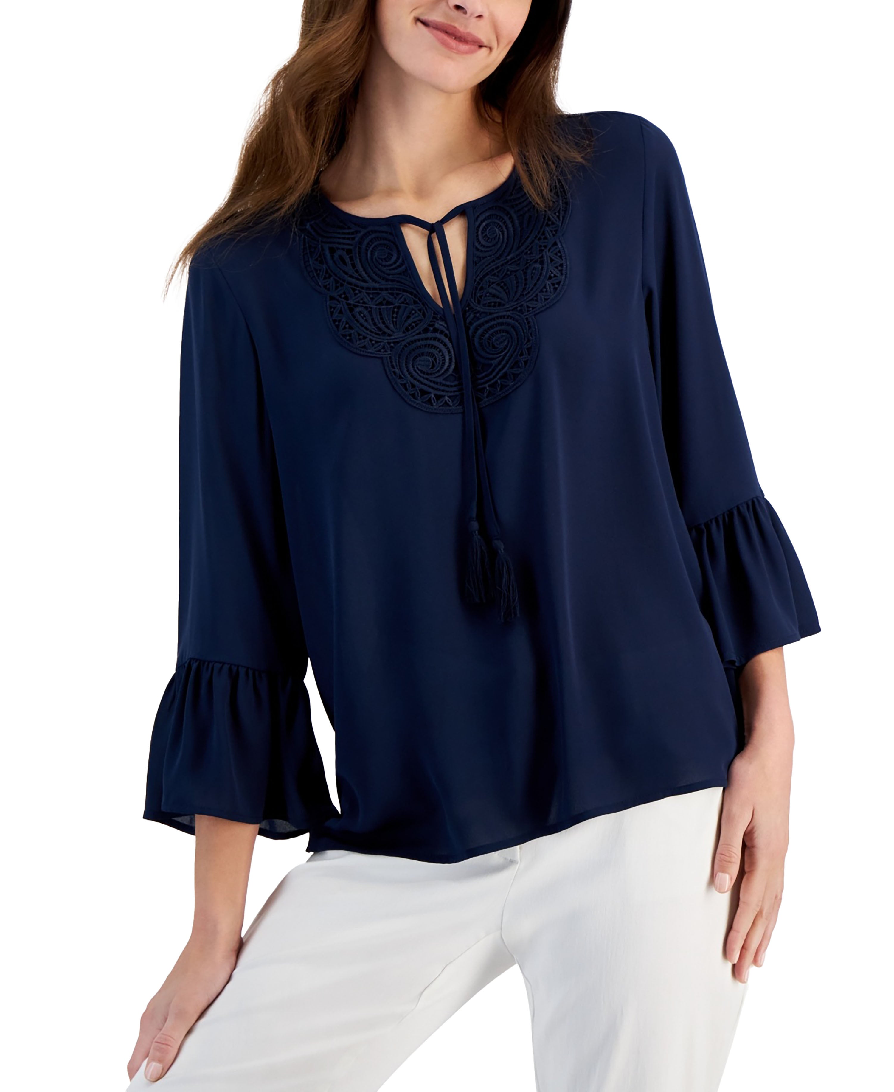 Petite Lace-Trim Bell-Sleeve Top Intrepid Blue PM