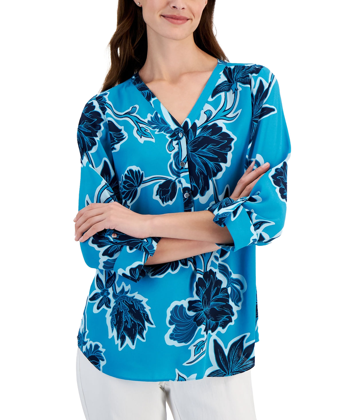 Petite Felicia Floral Roll-Tab Blouse