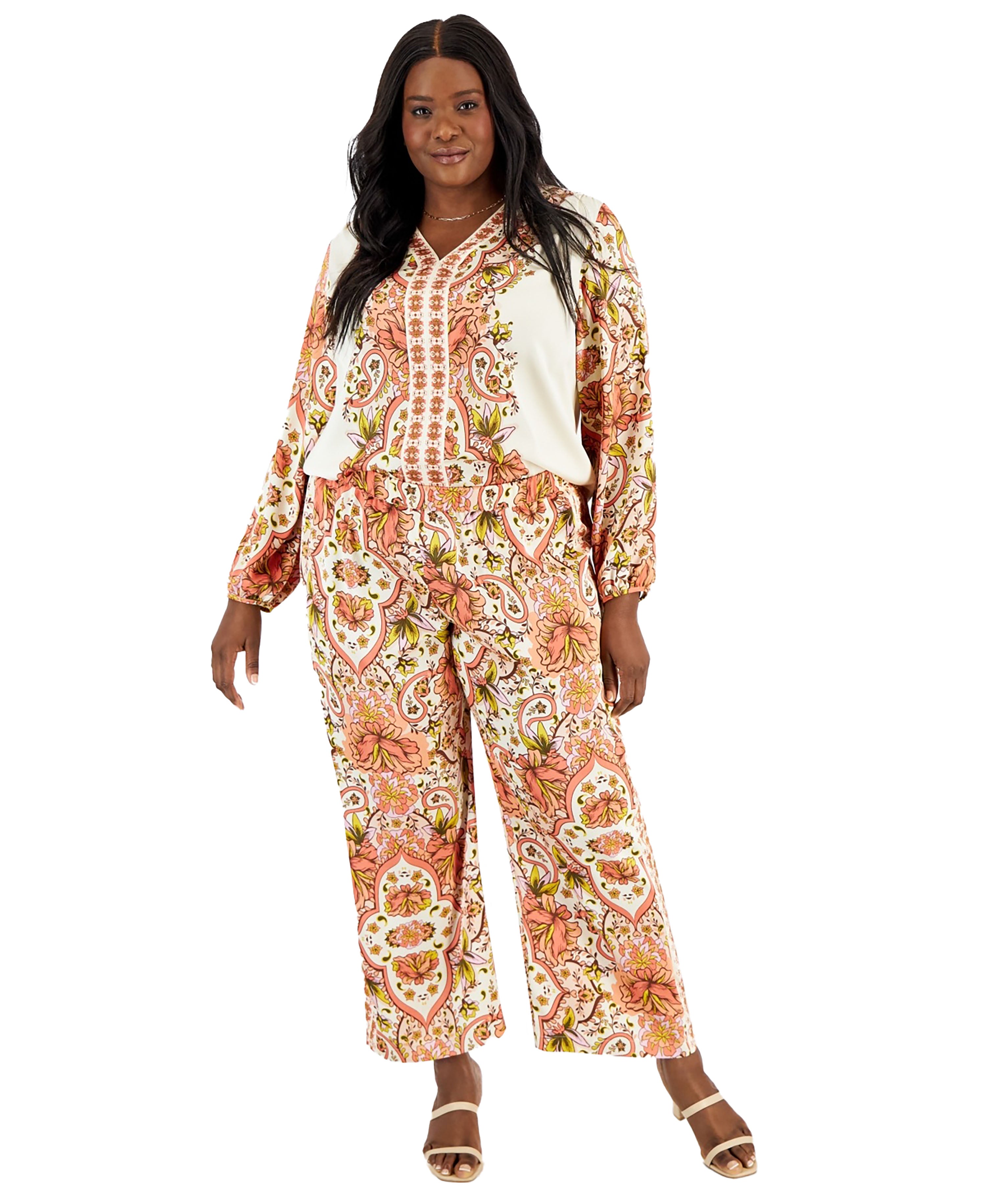 Plus Size Satin V-Neck Top & Pull-On Medallion Pants  Sandshell Combo 2X